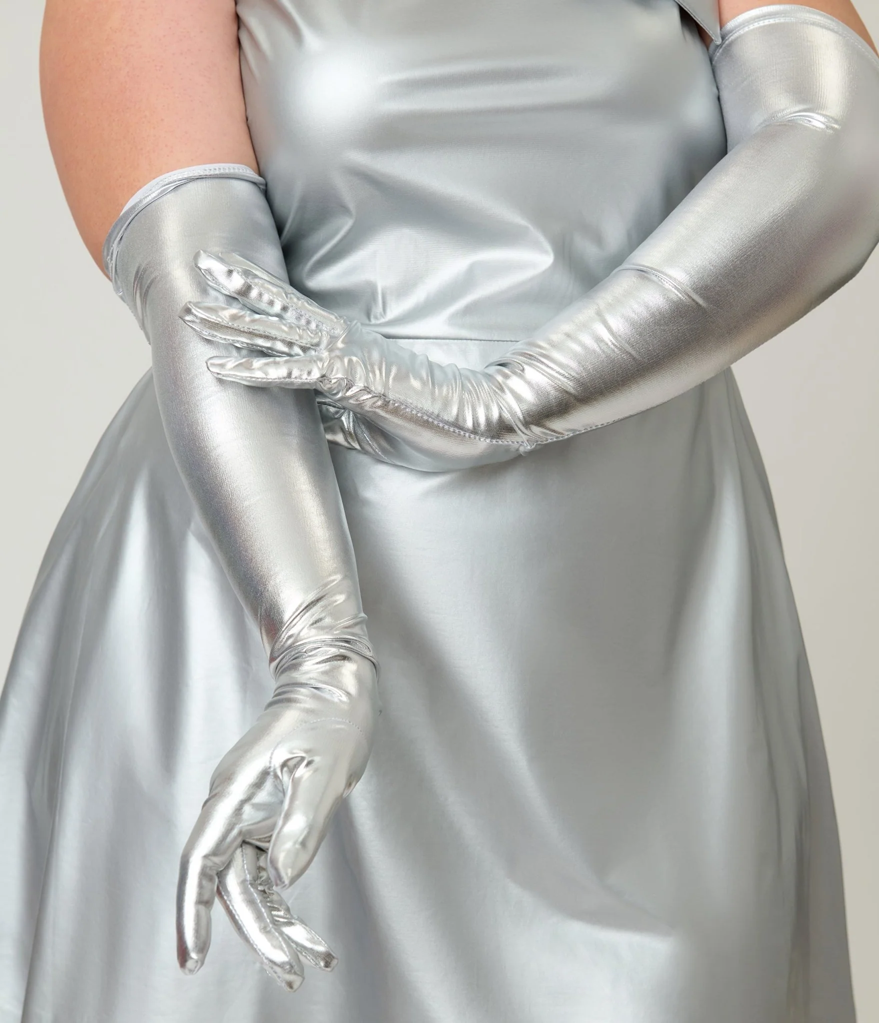 Metallic Silver Elbow Length Gloves