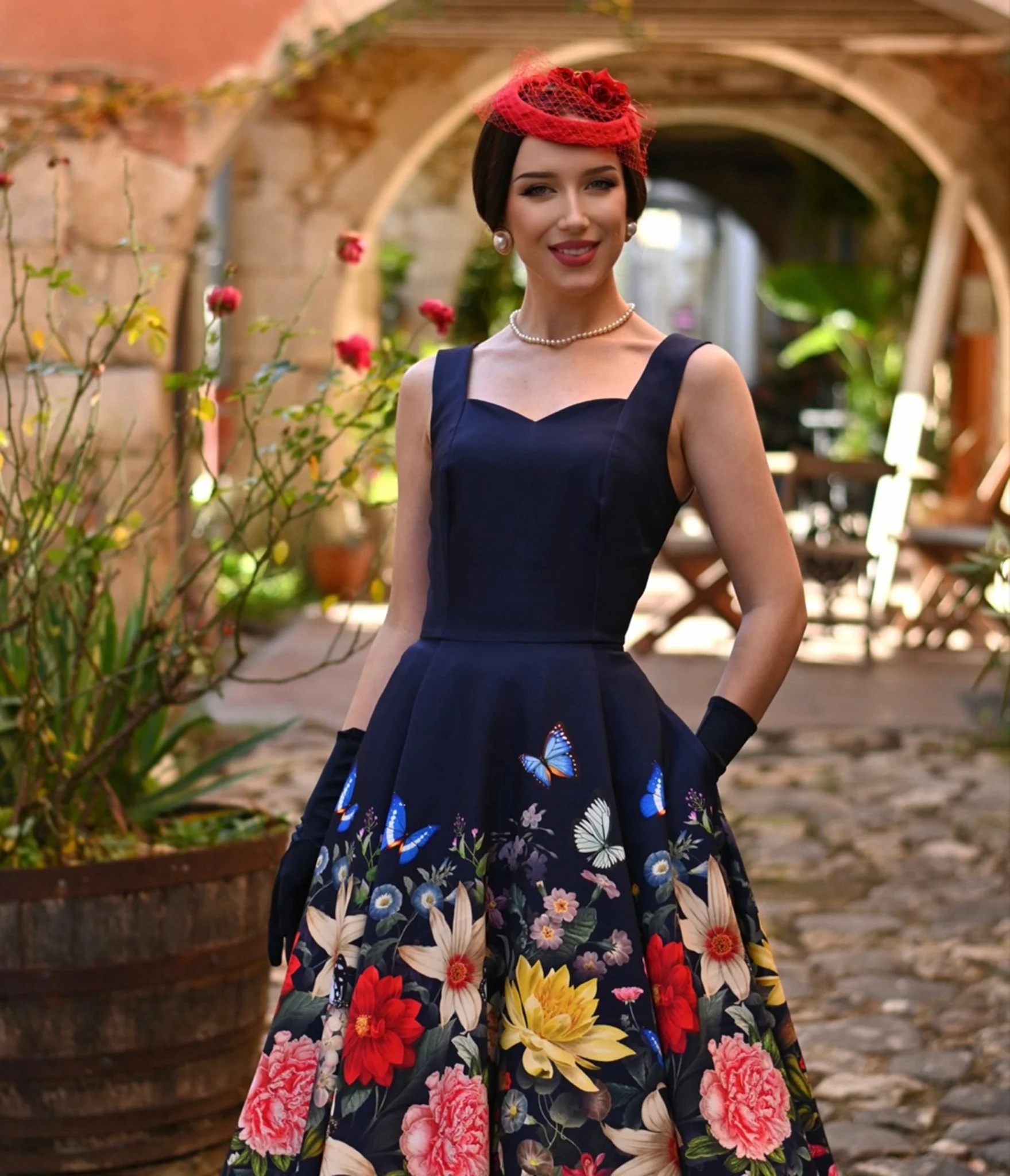 Navy Butterfly & Floral Moonlight Swing Dress - Image 3