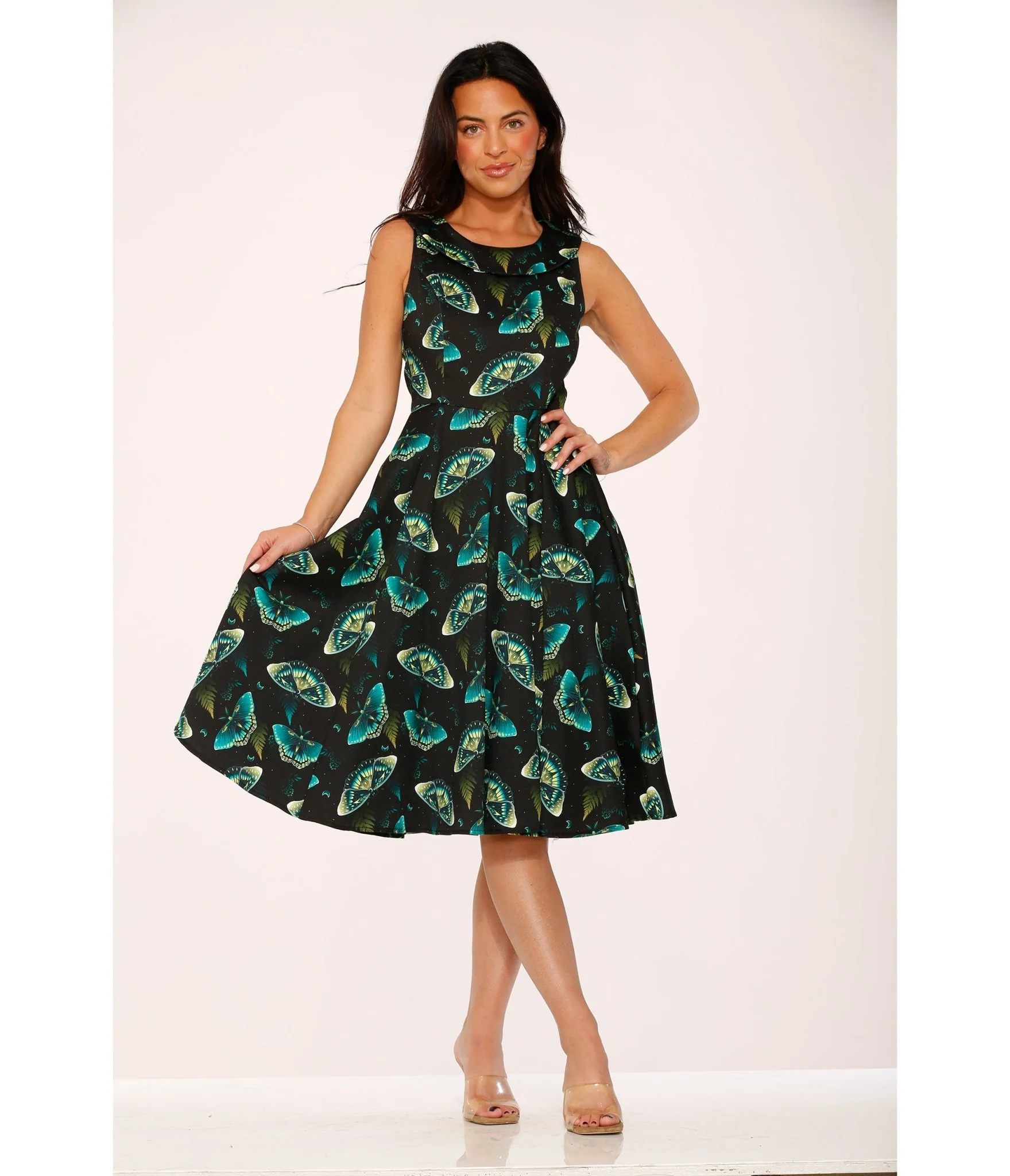 Orchid Bloom Black & Blue Butterfly Cotton Swing Dress - Image 4