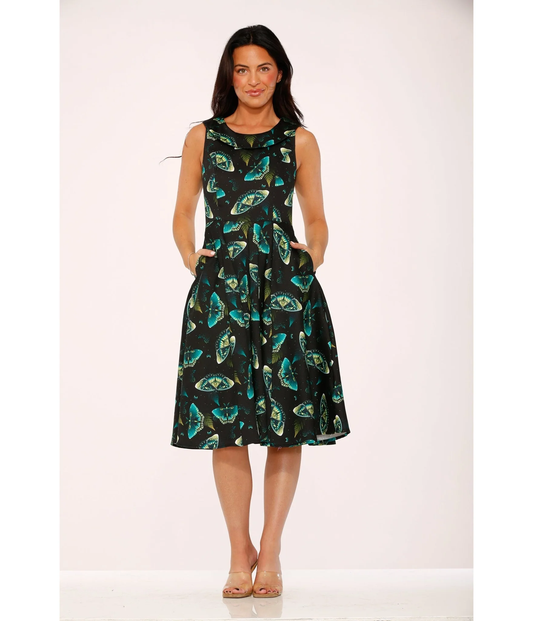 Orchid Bloom Black & Blue Butterfly Cotton Swing Dress - Image 5