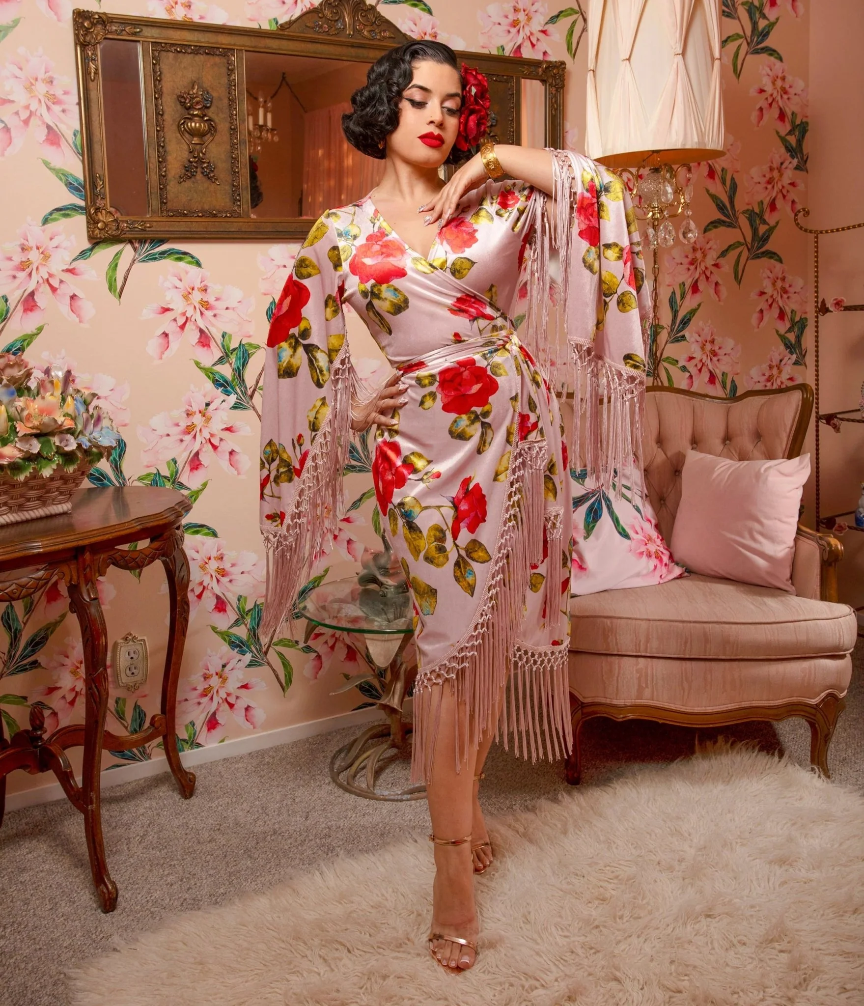 Pink Floral Fringed Magdalena Velvet Wrap Dress