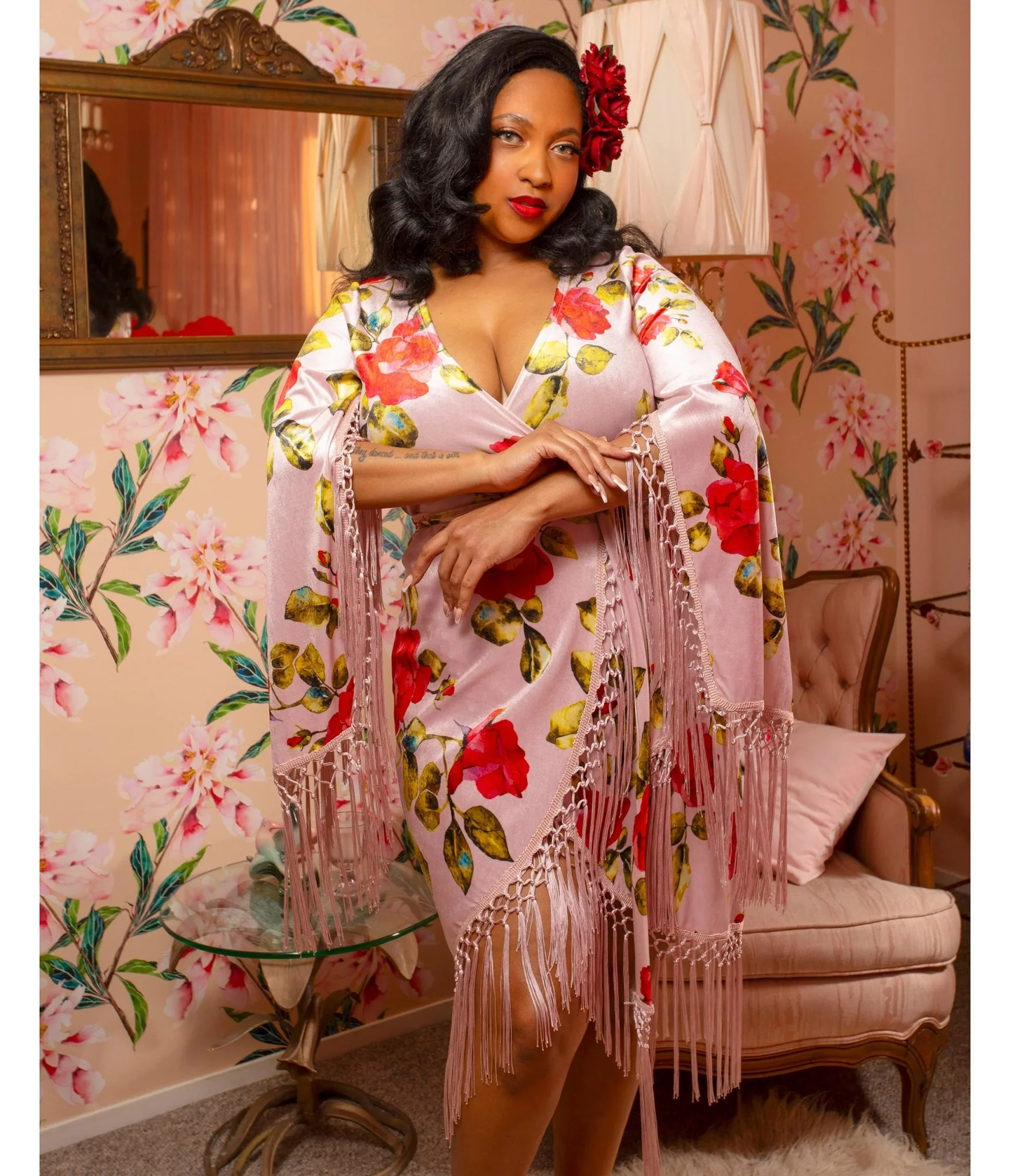 Pink Floral Fringed Magdalena Velvet Wrap Dress - Image 5