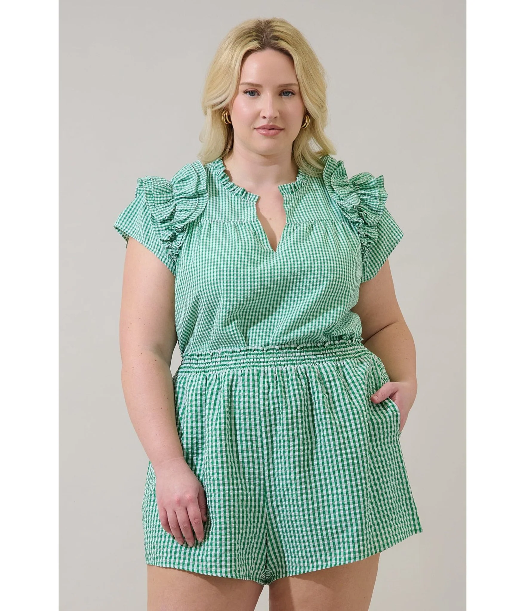 Plus Size Green Gingham Ruffle Tamara Top