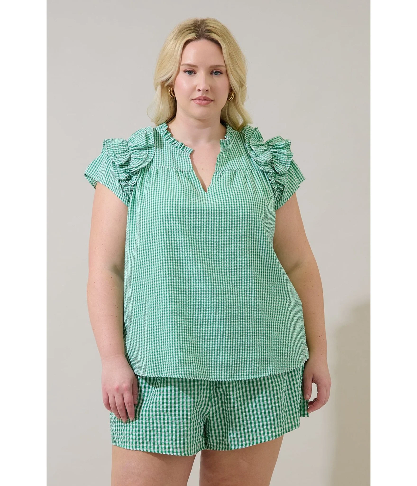Plus Size Green Gingham Ruffle Tamara Top - Image 3