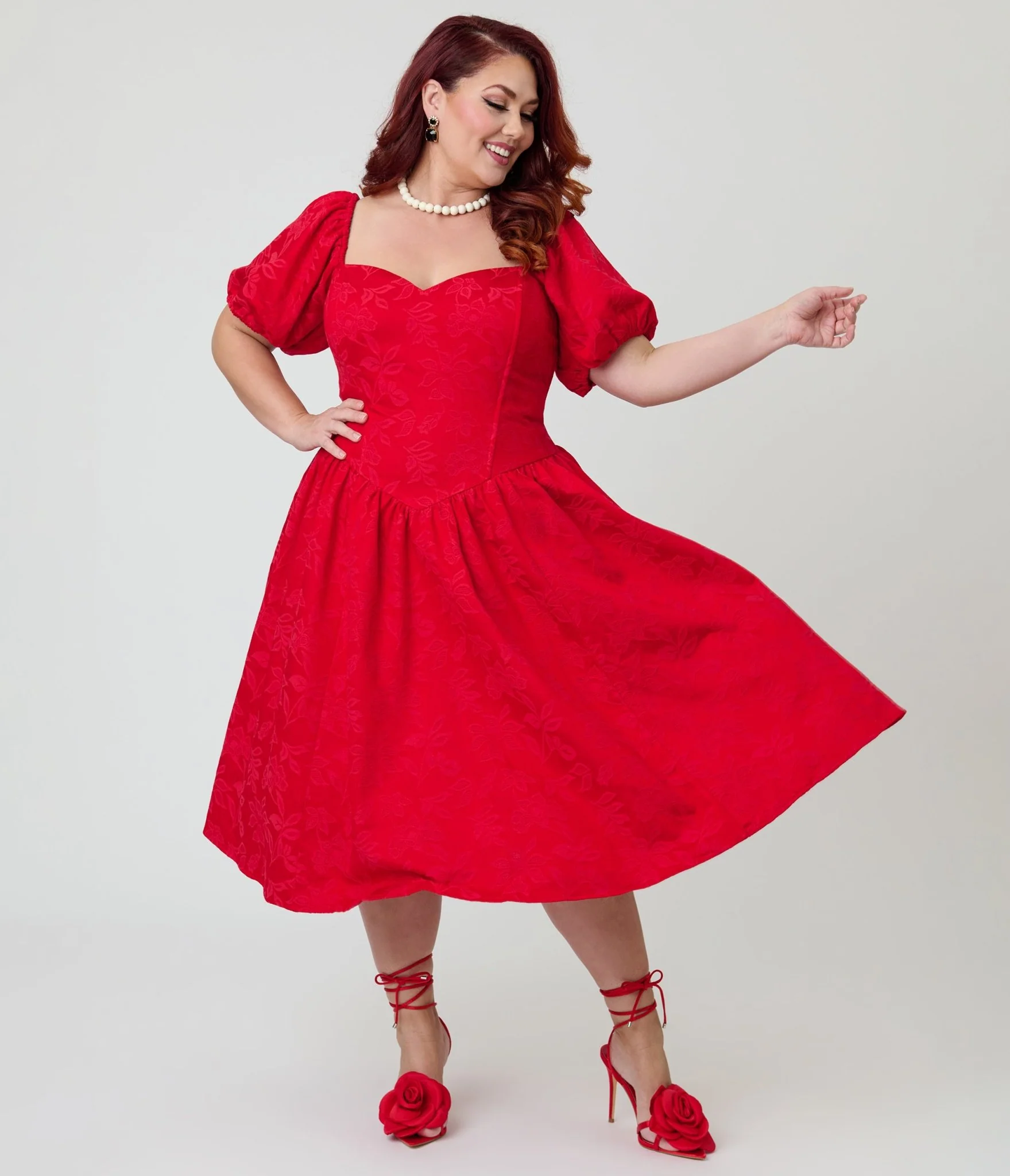 Smak Parlour Plus Size Red Brocade Sweetheart Swing Dress