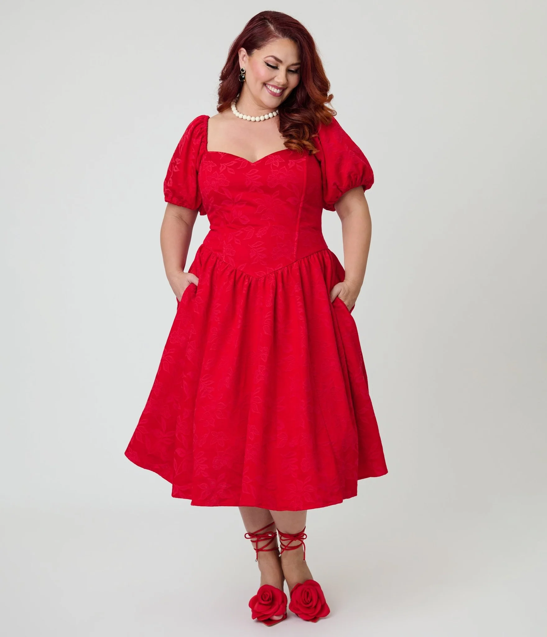 Smak Parlour Plus Size Red Brocade Sweetheart Swing Dress - Image 3
