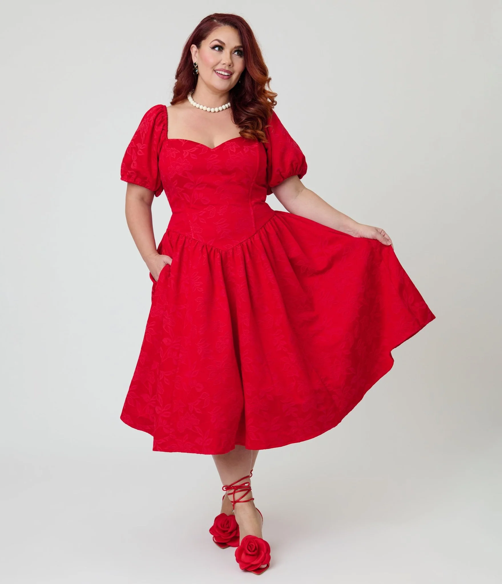 Smak Parlour Plus Size Red Brocade Sweetheart Swing Dress - Image 4