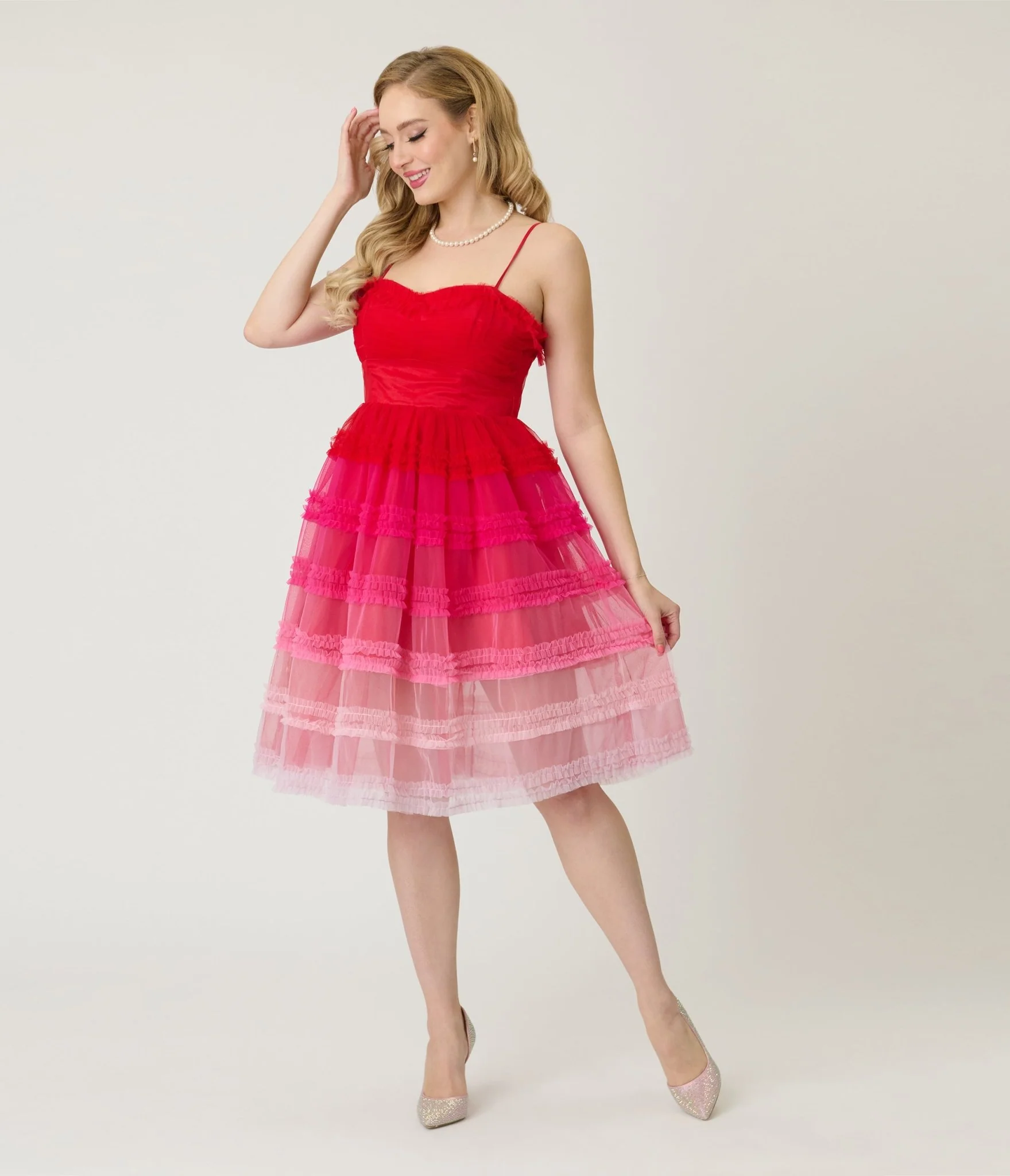 Unique Vintage Red Ombre Tiered Sheer Midi Dress - Image 3