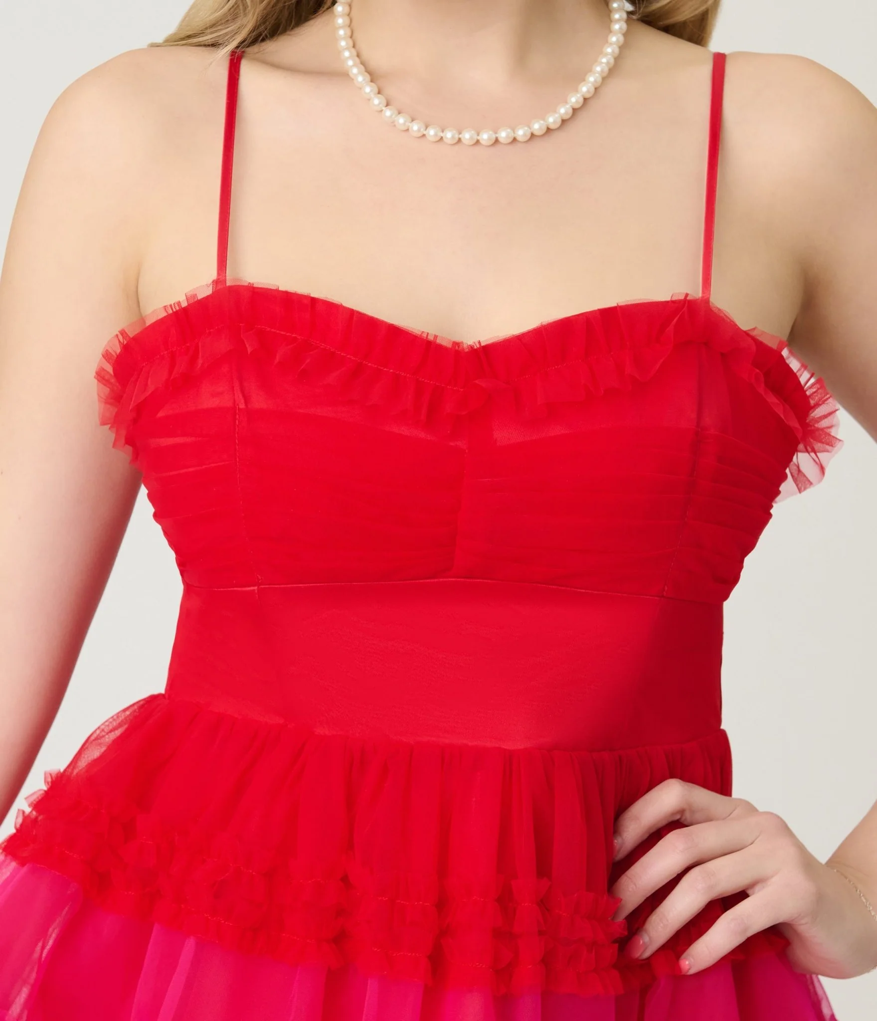 Unique Vintage Red Ombre Tiered Sheer Midi Dress - Image 4