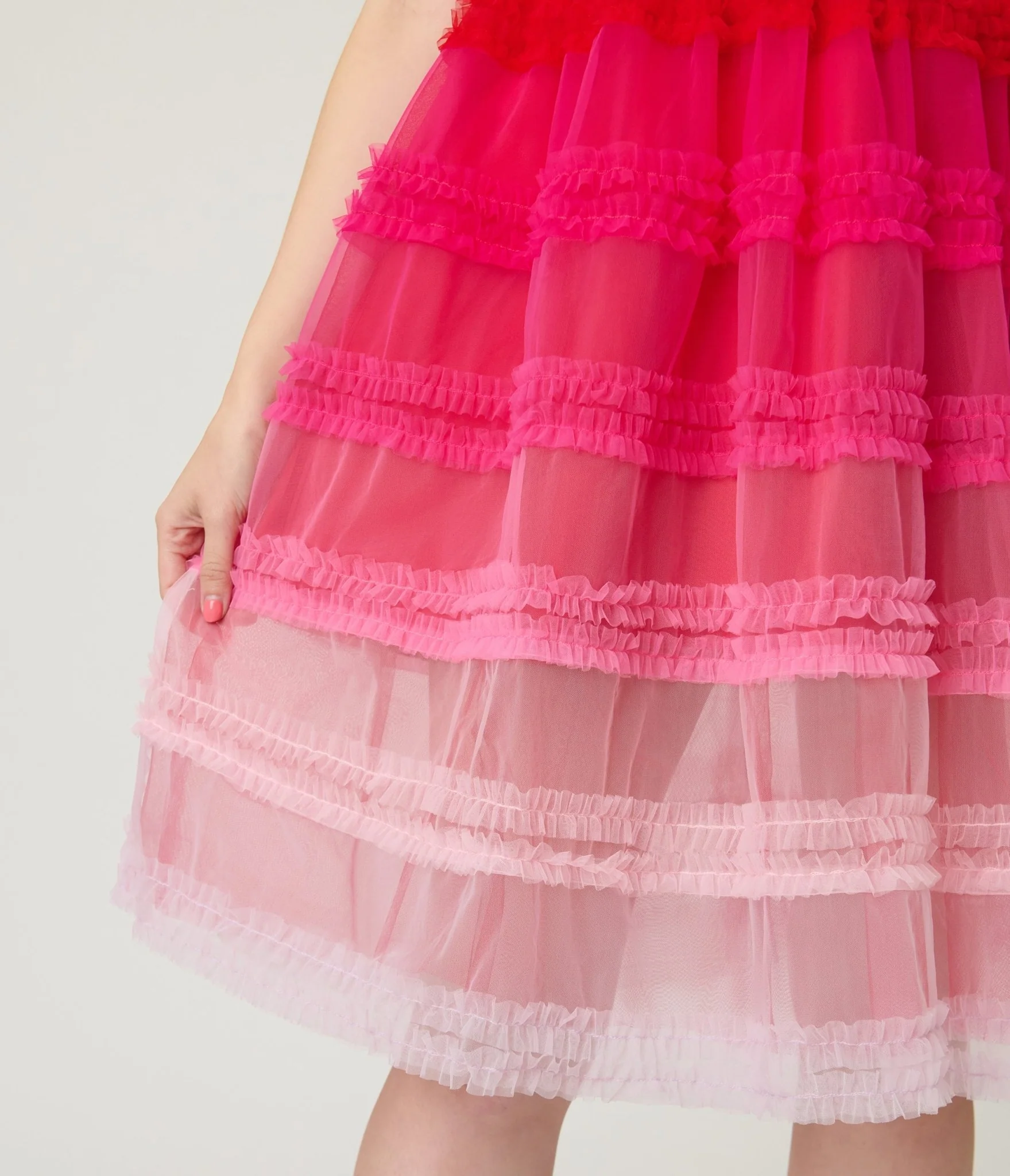 Unique Vintage Red Ombre Tiered Sheer Midi Dress - Image 5