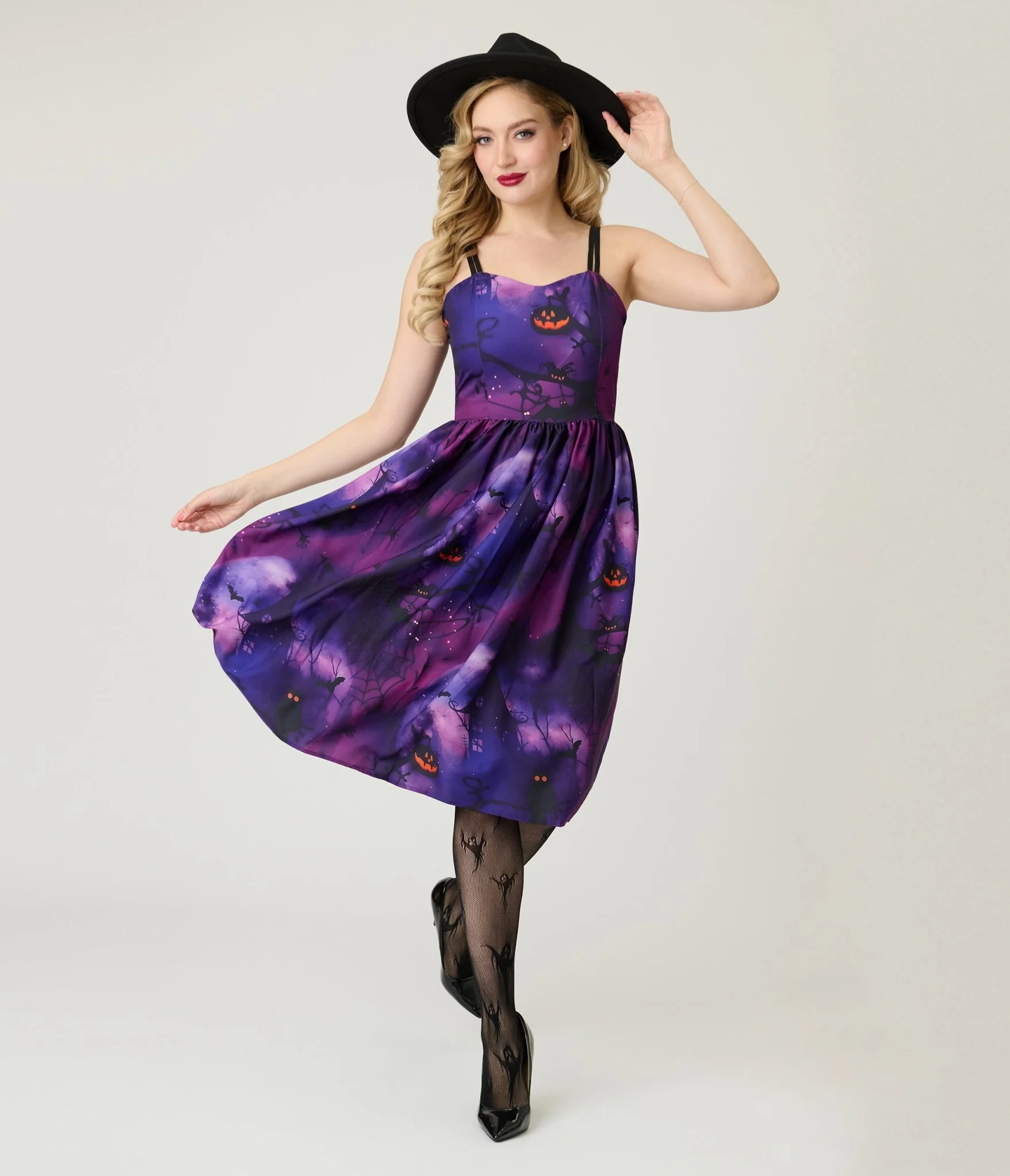 Purple Spooky Forest Jack-O-Lantern Print Swing Dress - Image 3