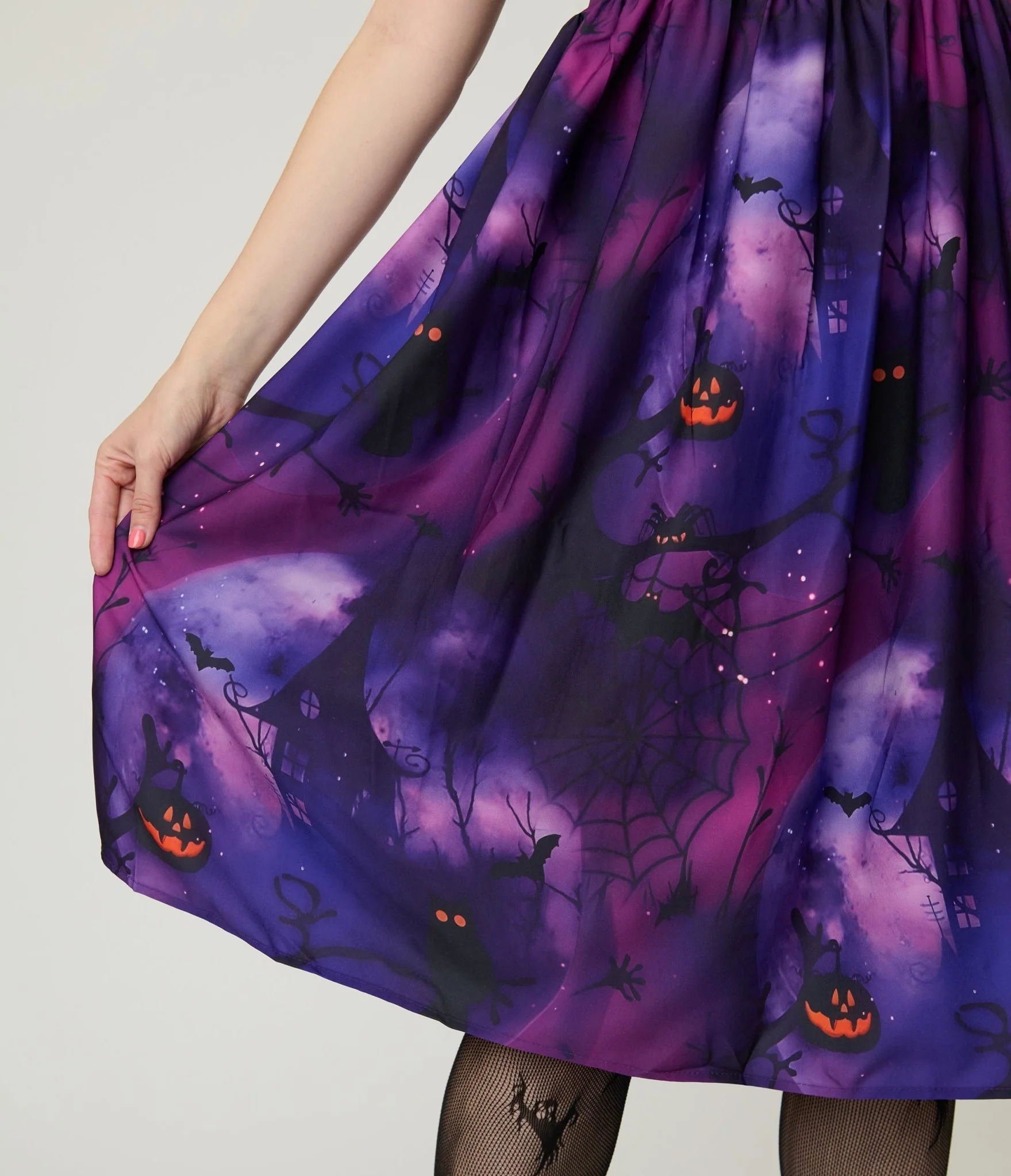 Purple Spooky Forest Jack-O-Lantern Print Swing Dress - Image 5