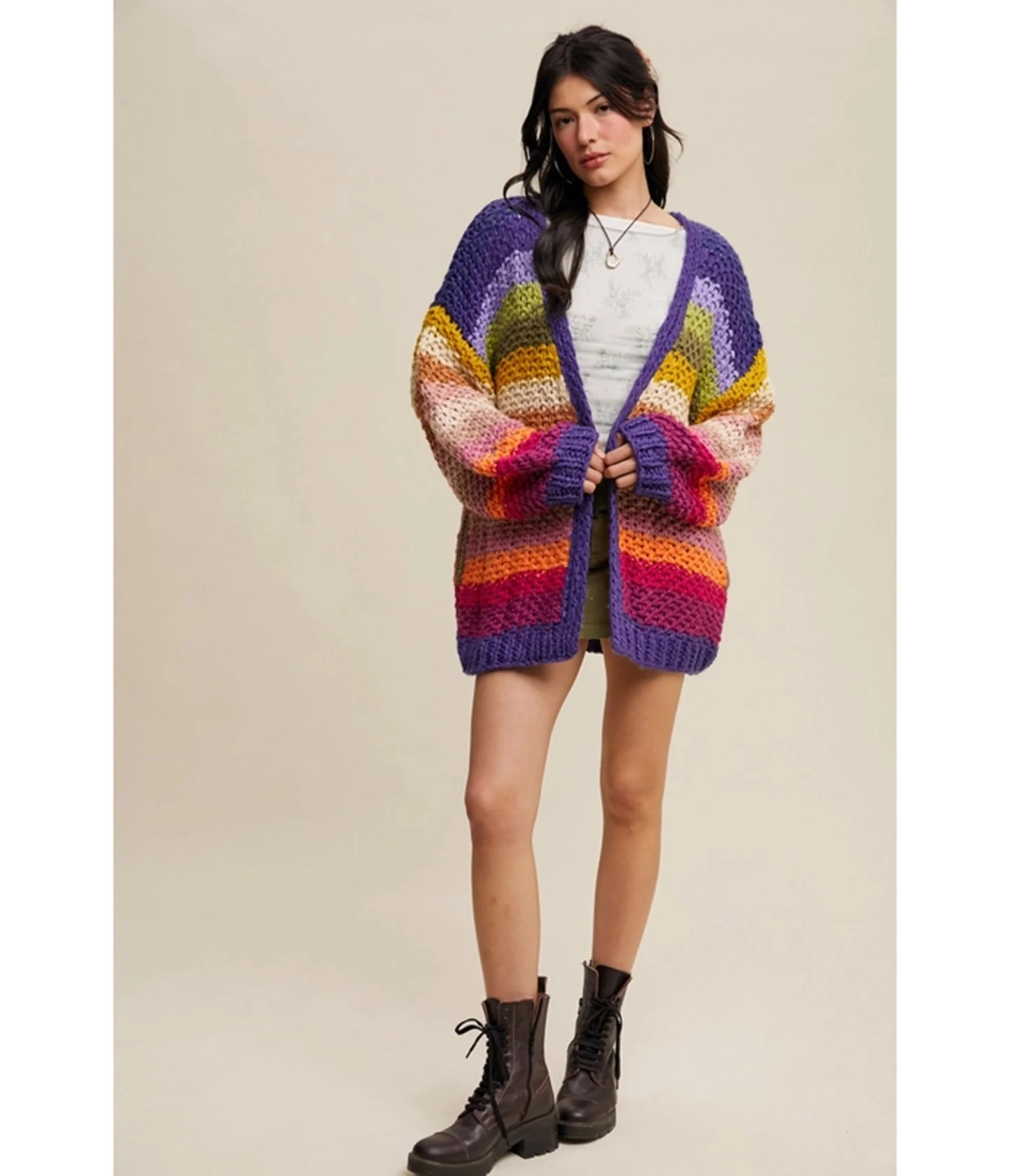 Rainbow Crochet Open Cardigan