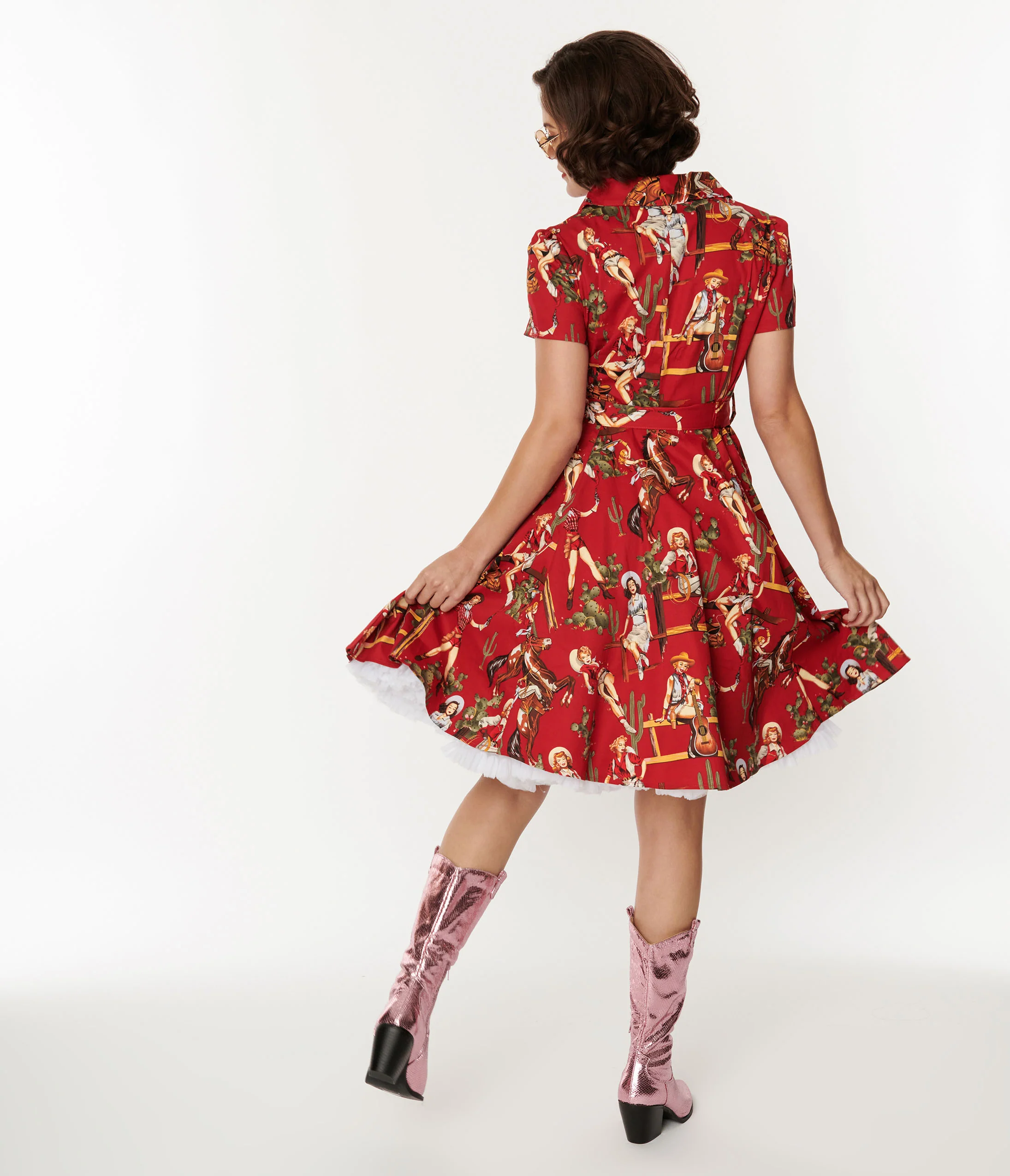 Red & Cowgirl Print Swing Shirt Dress - Image 2
