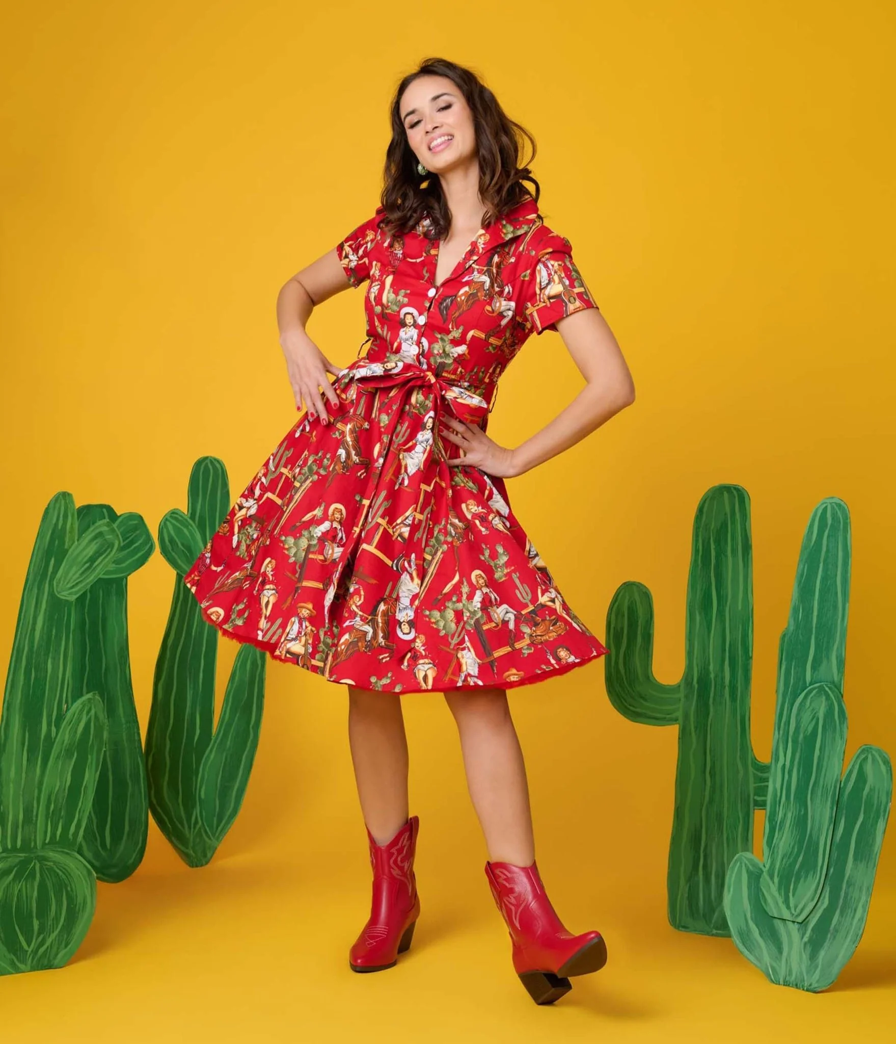 Red & Cowgirl Print Swing Shirt Dress - Image 4