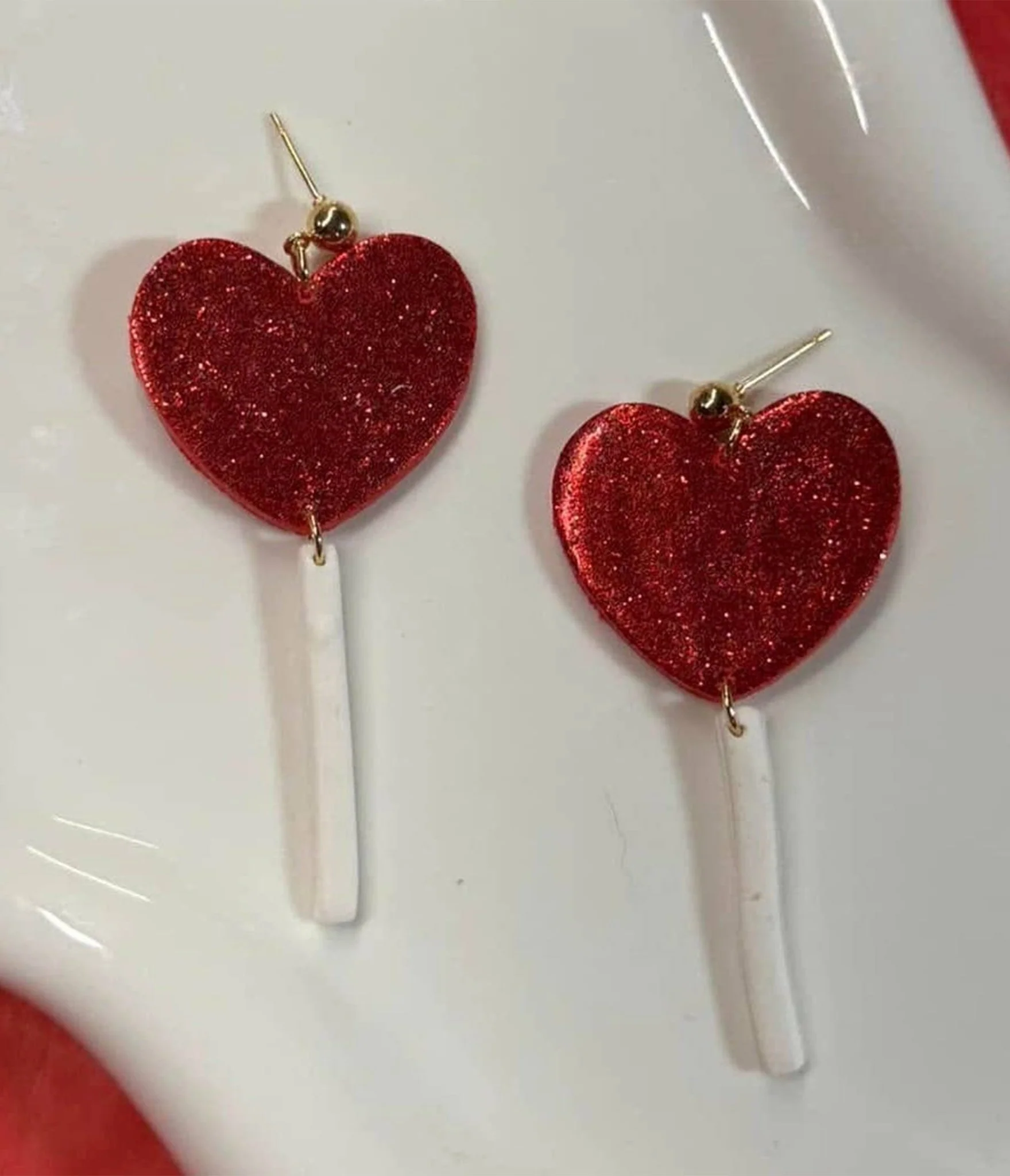 Red Glitter Heart Lollipops Earrings