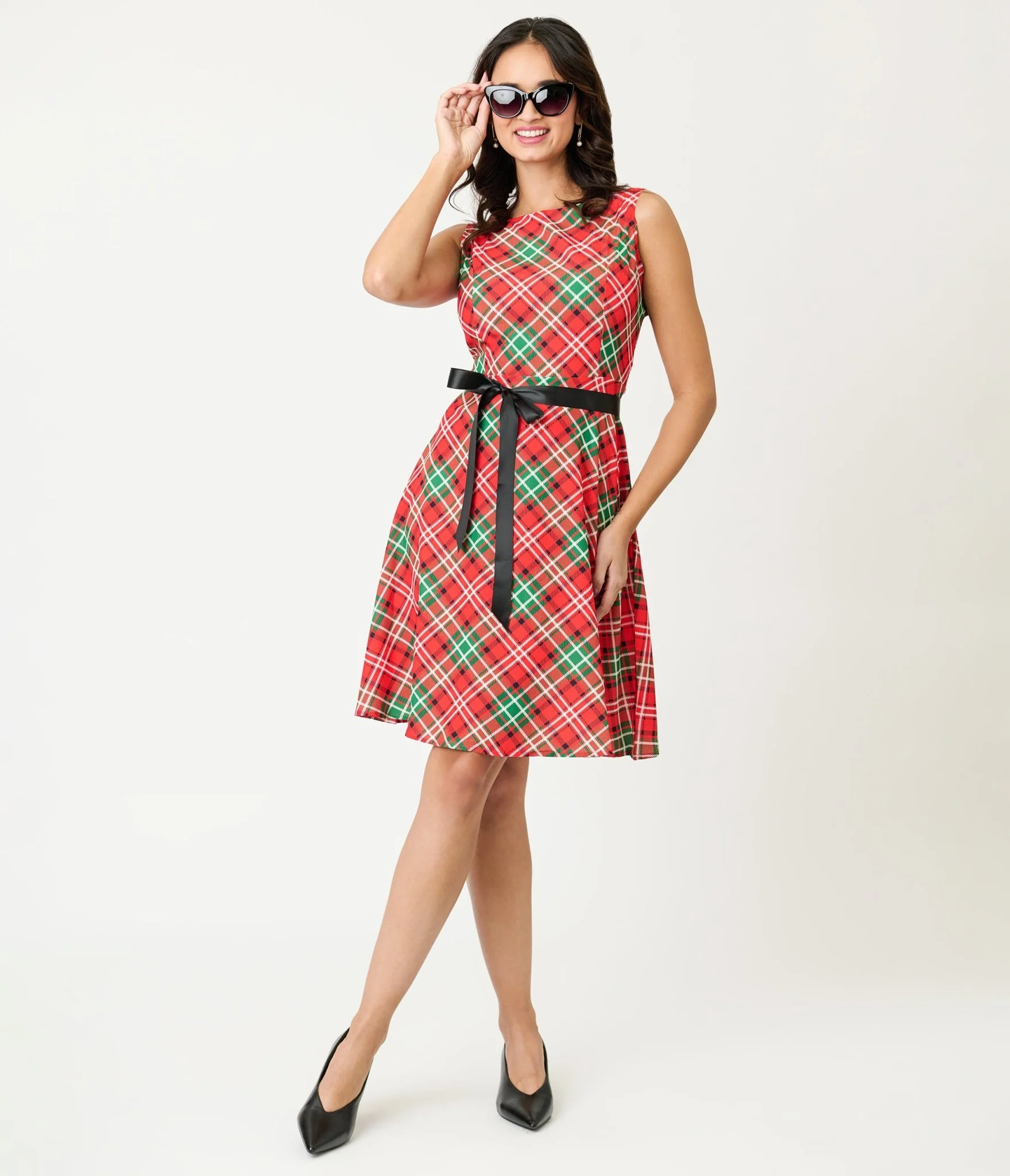 Red & Green Plaid Flare Dress - Image 3