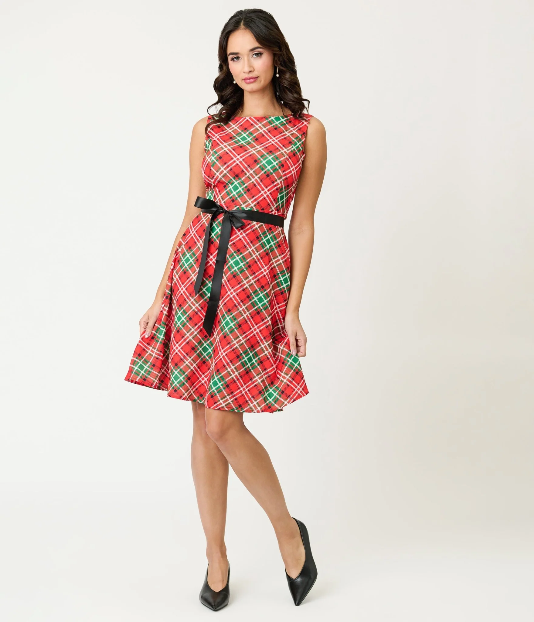 Red & Green Plaid Flare Dress - Image 4