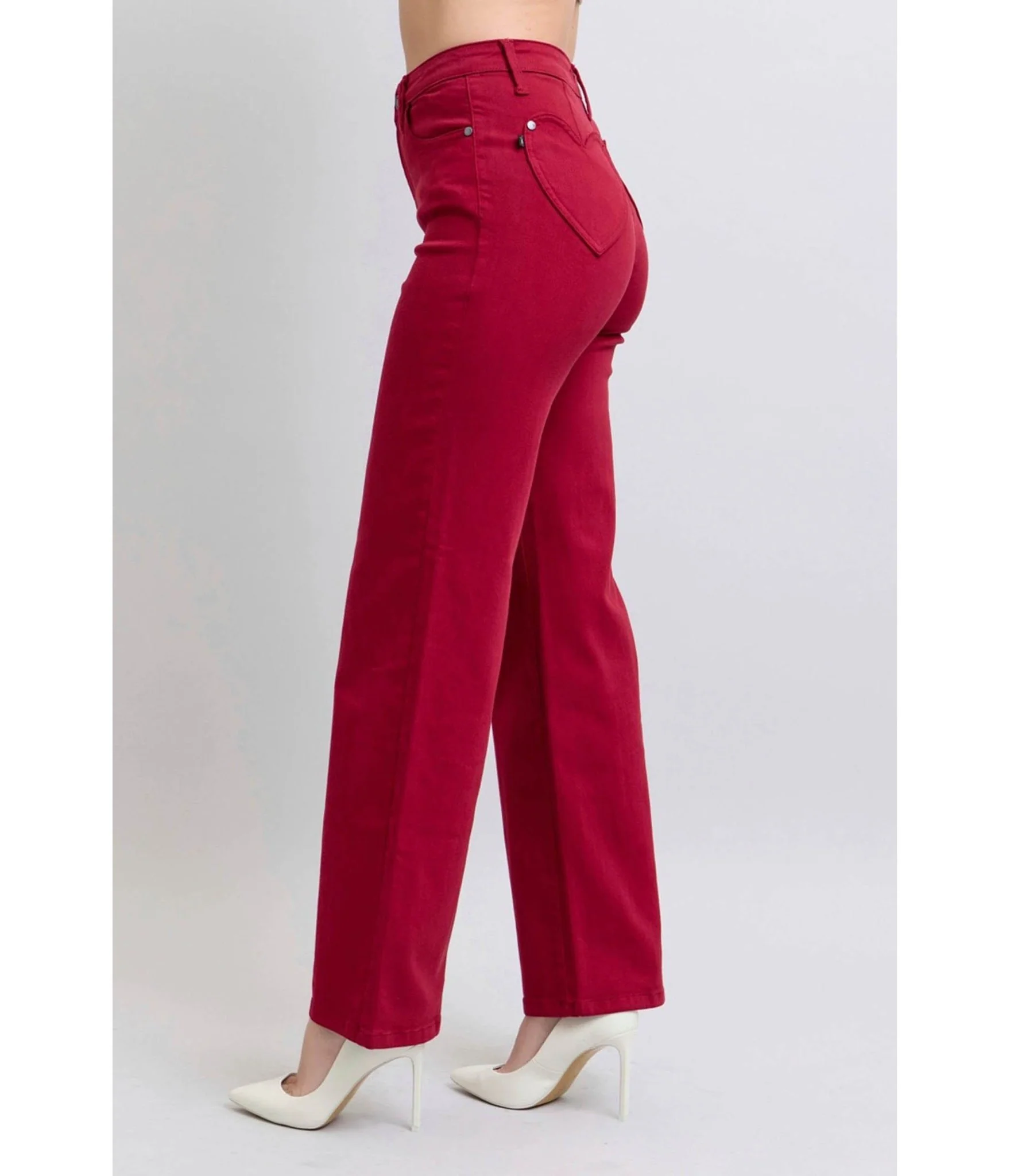 Red High Waisted Heart Pockets Jeans - Image 3
