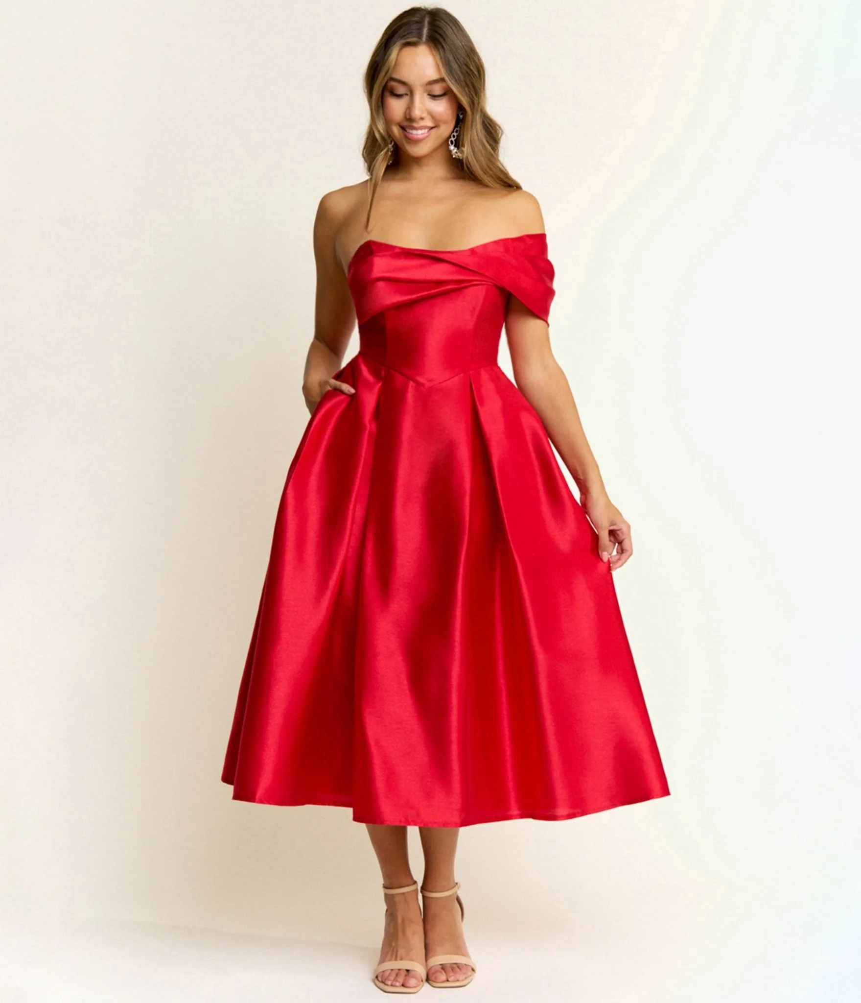 Red Off The Shoulder Midi Dress