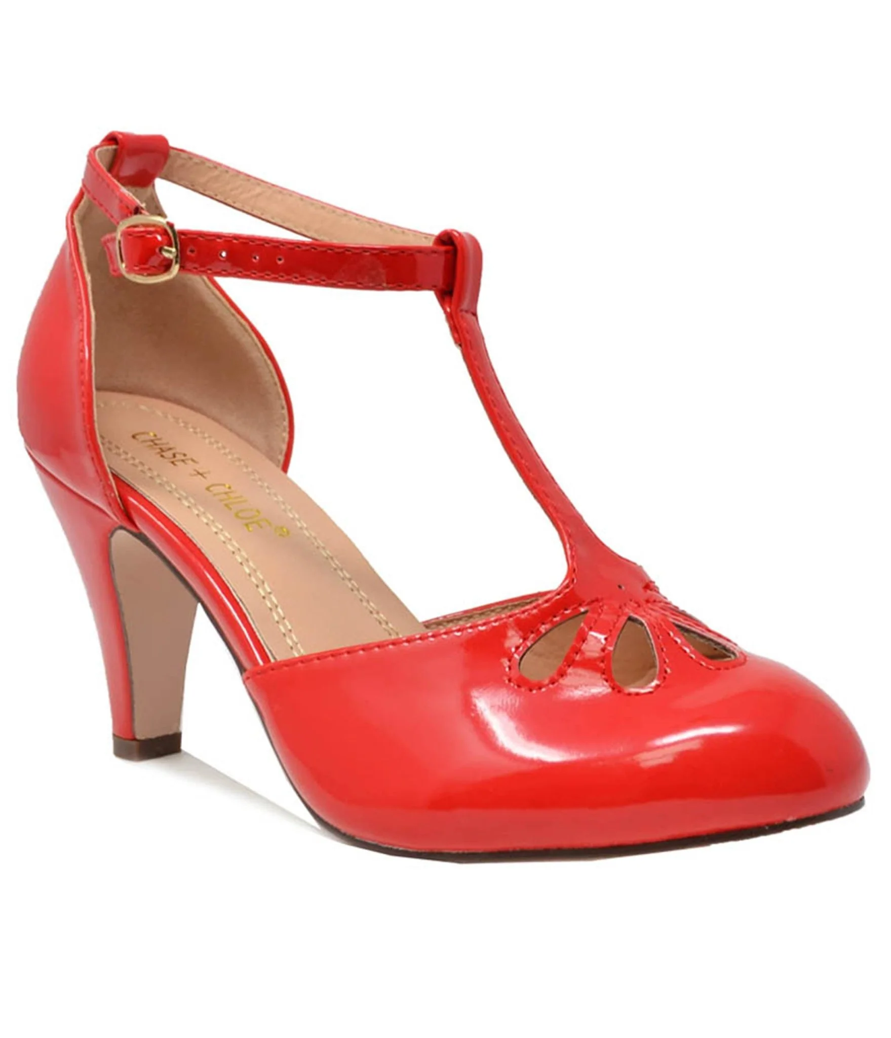 Red Patent Leatherette T-Strap Mary Jane Pumps