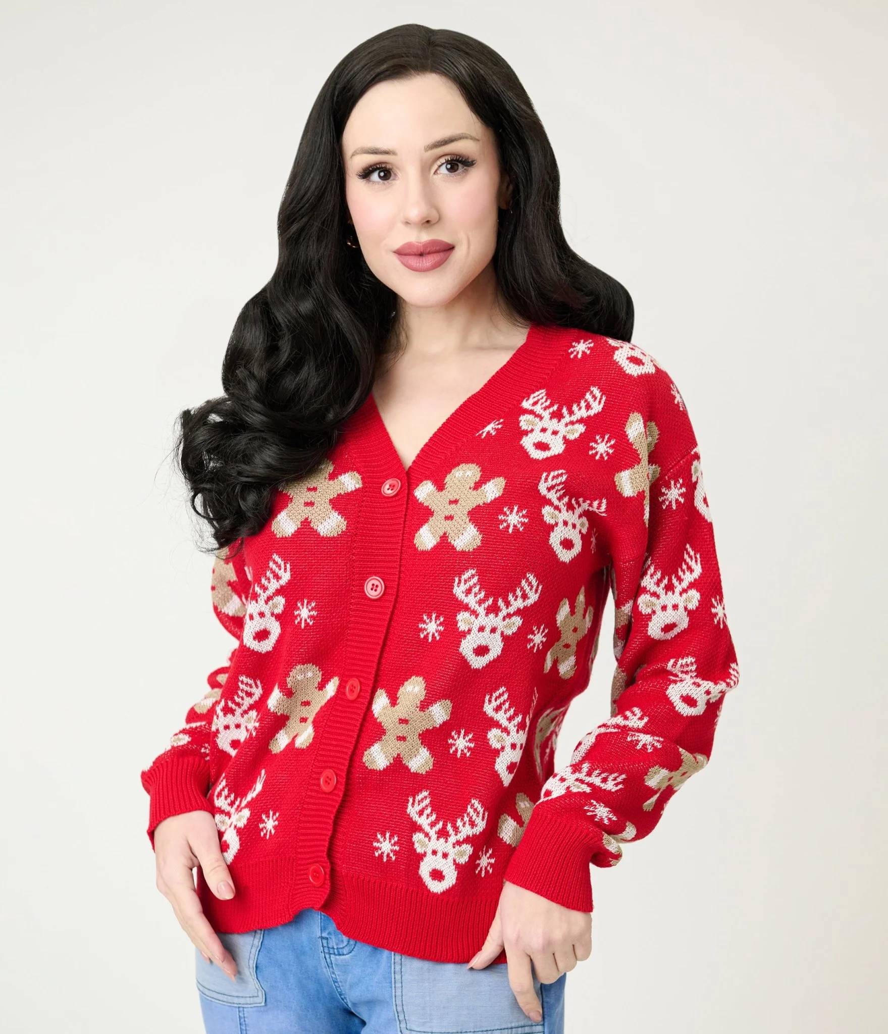 Red Reindeer & Gingerbread Man Cardigan