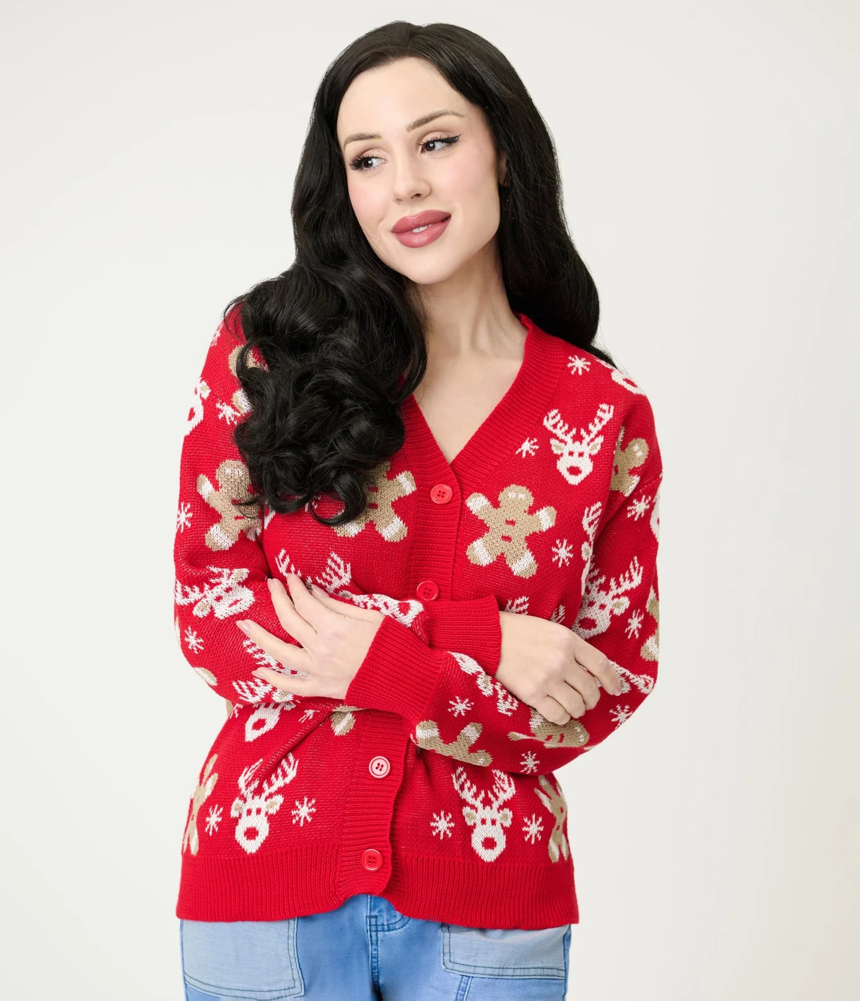 Red Reindeer & Gingerbread Man Cardigan - Image 3