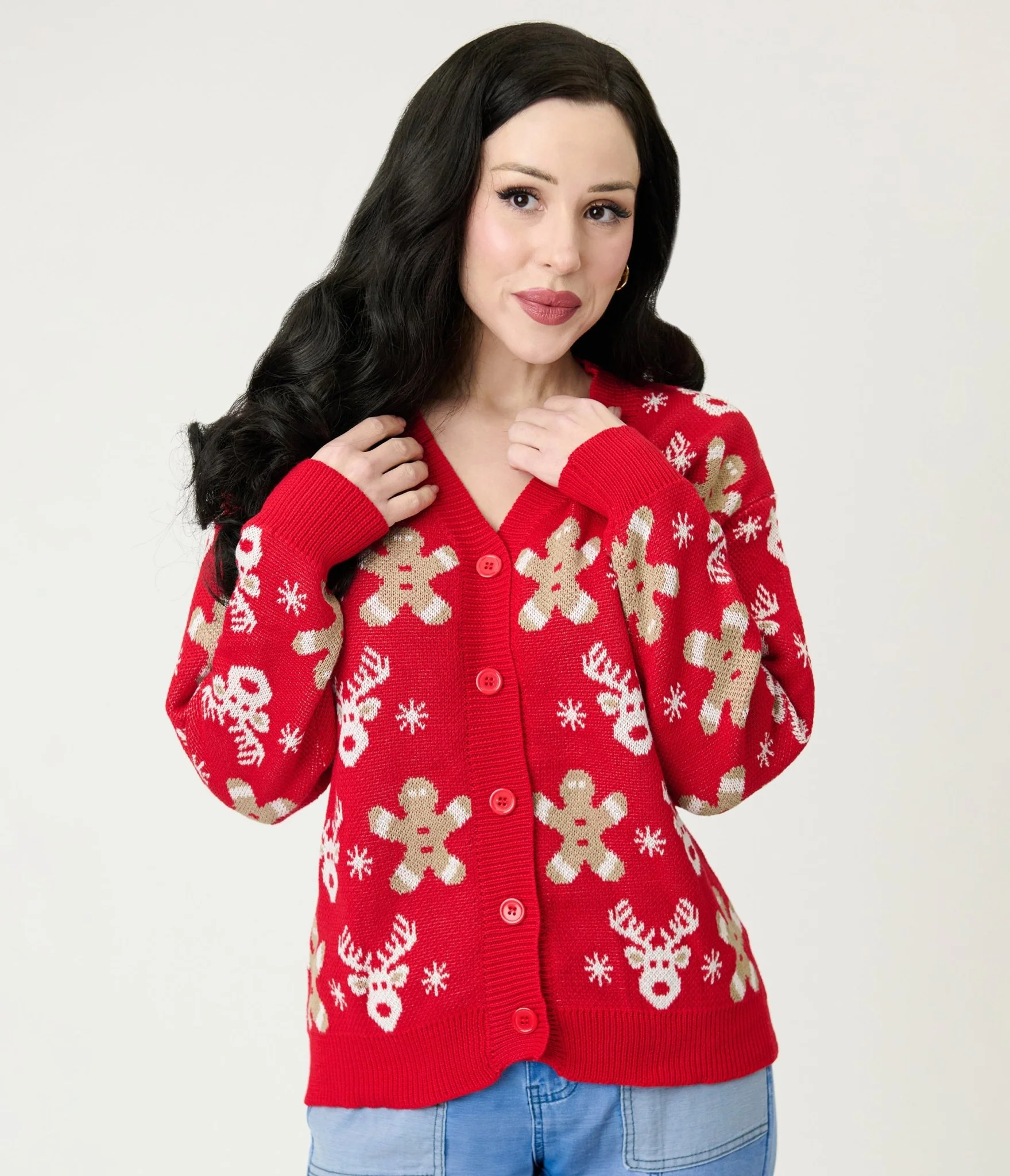 Red Reindeer & Gingerbread Man Cardigan - Image 4
