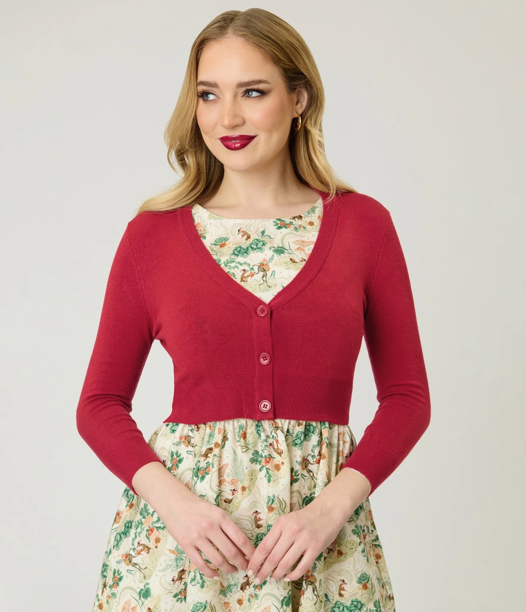Red Three Quarter Sleeve Crop Cardigan