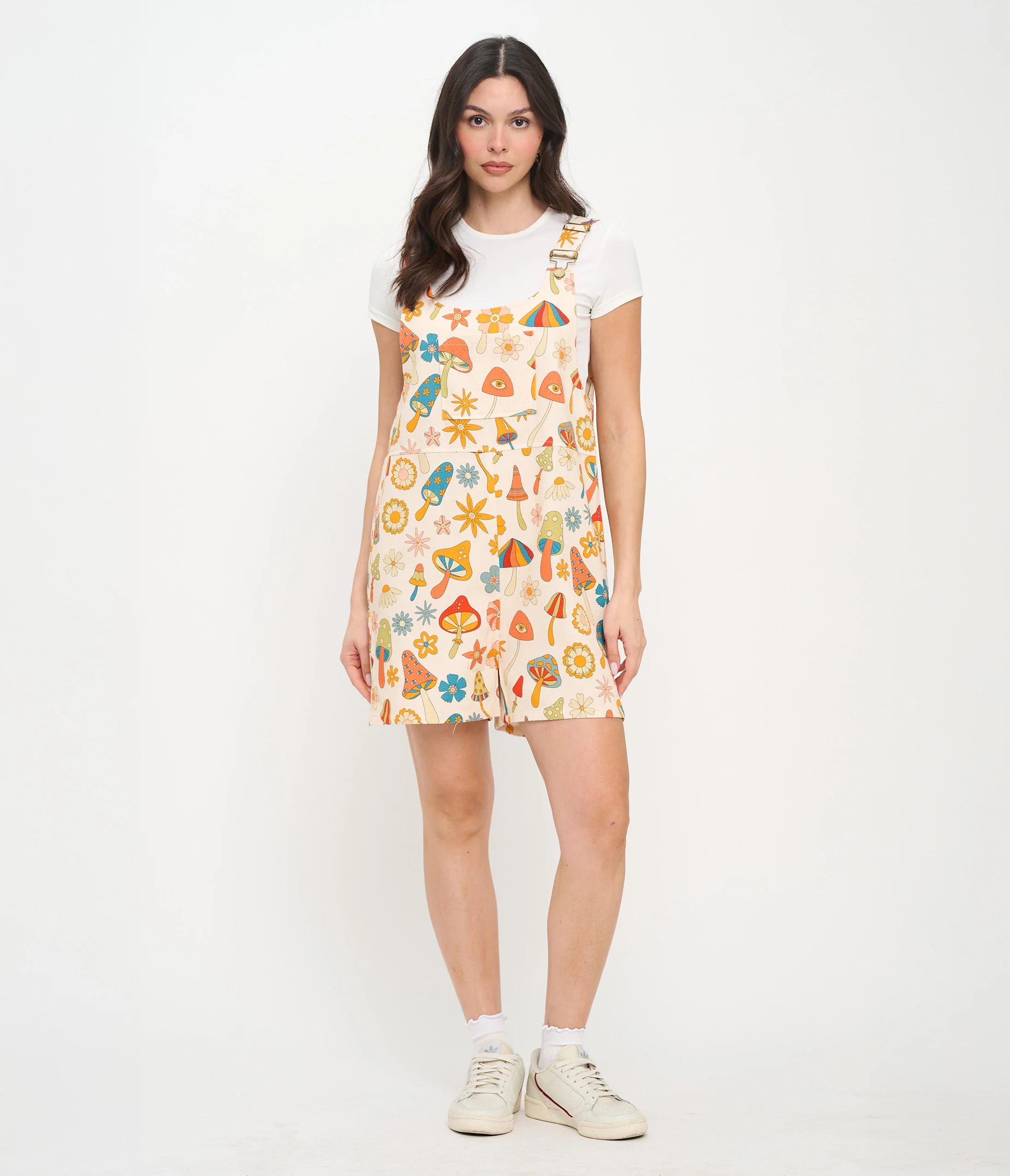 Retro Mushroom & Hippie Daisy Floral Cotton Short Overalls - Image 5