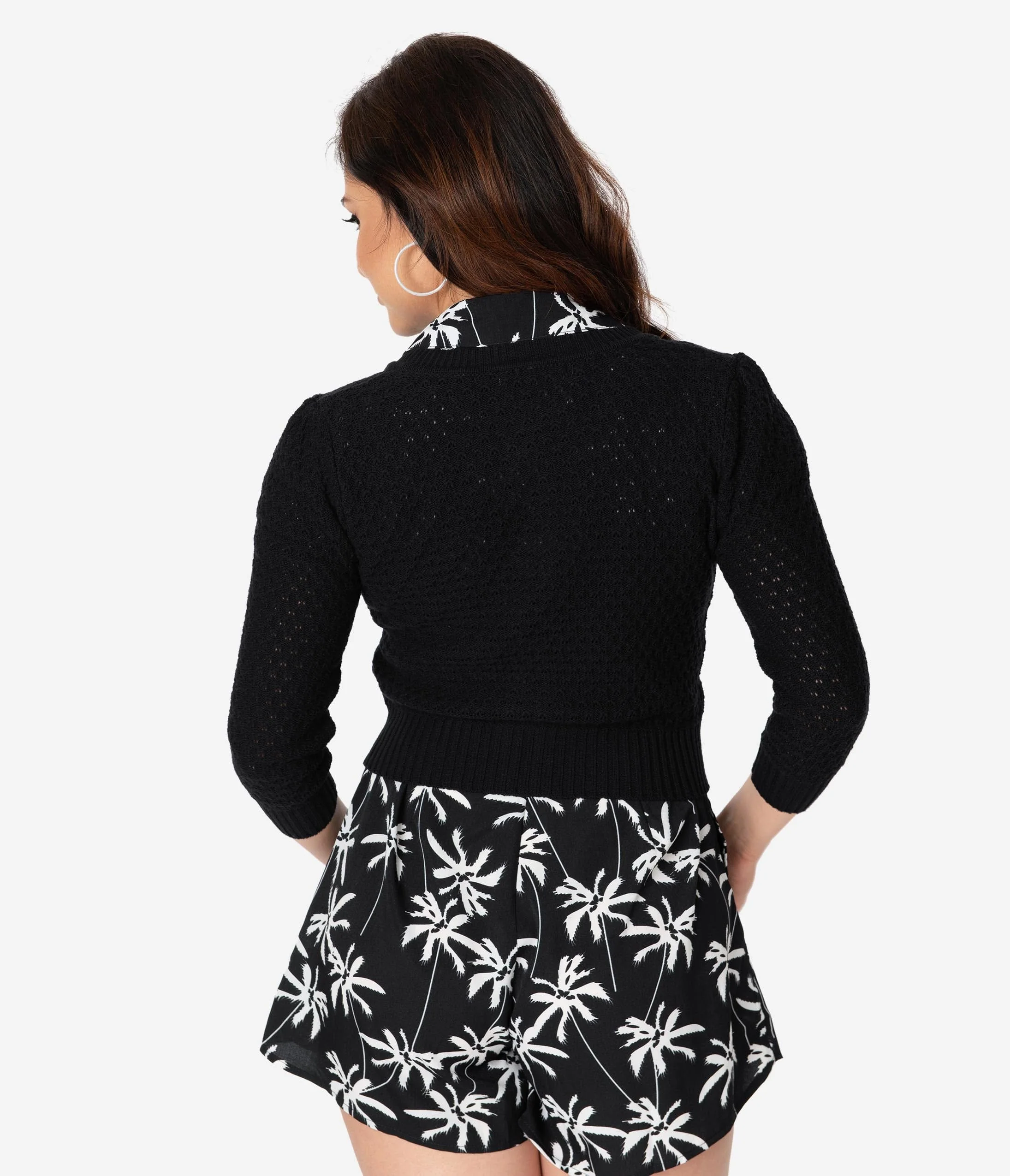 Retro Style Black Cotton Crochet Sleeved Button Cardigan - Image 2