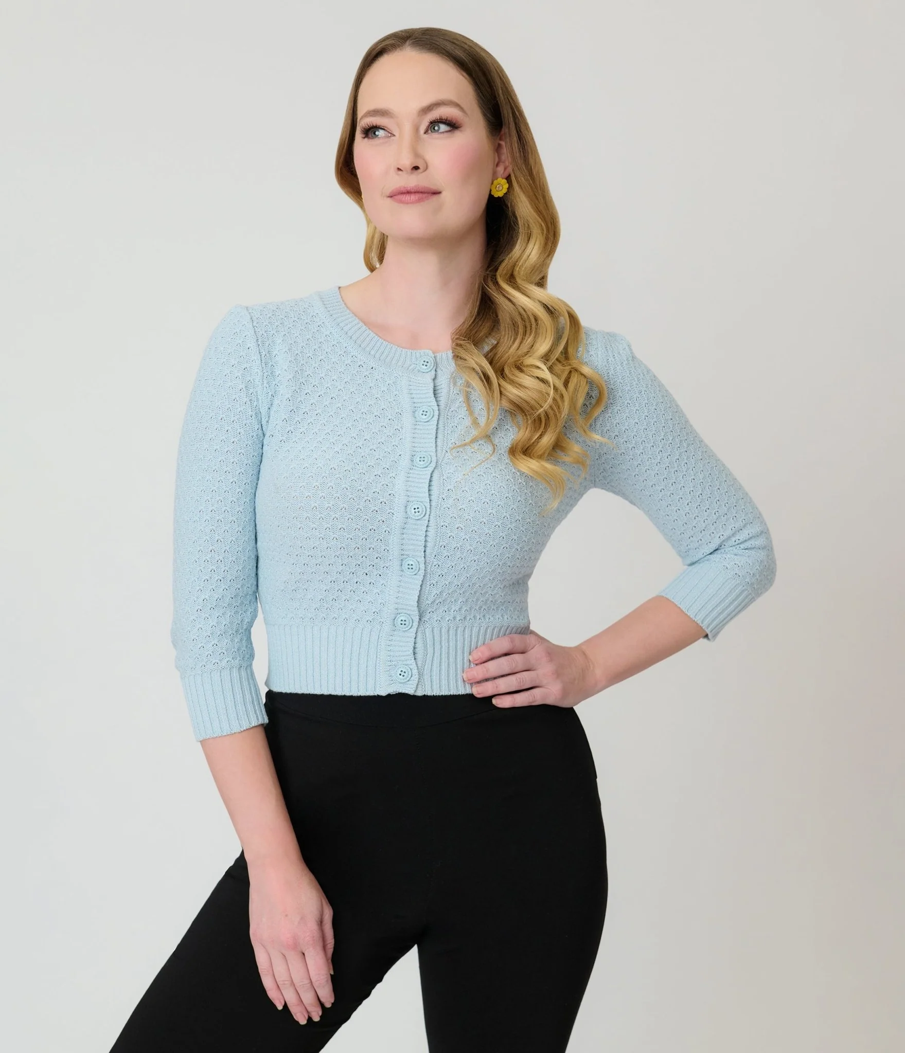 Retro Style Light Blue Crochet Cardigan - Image 3