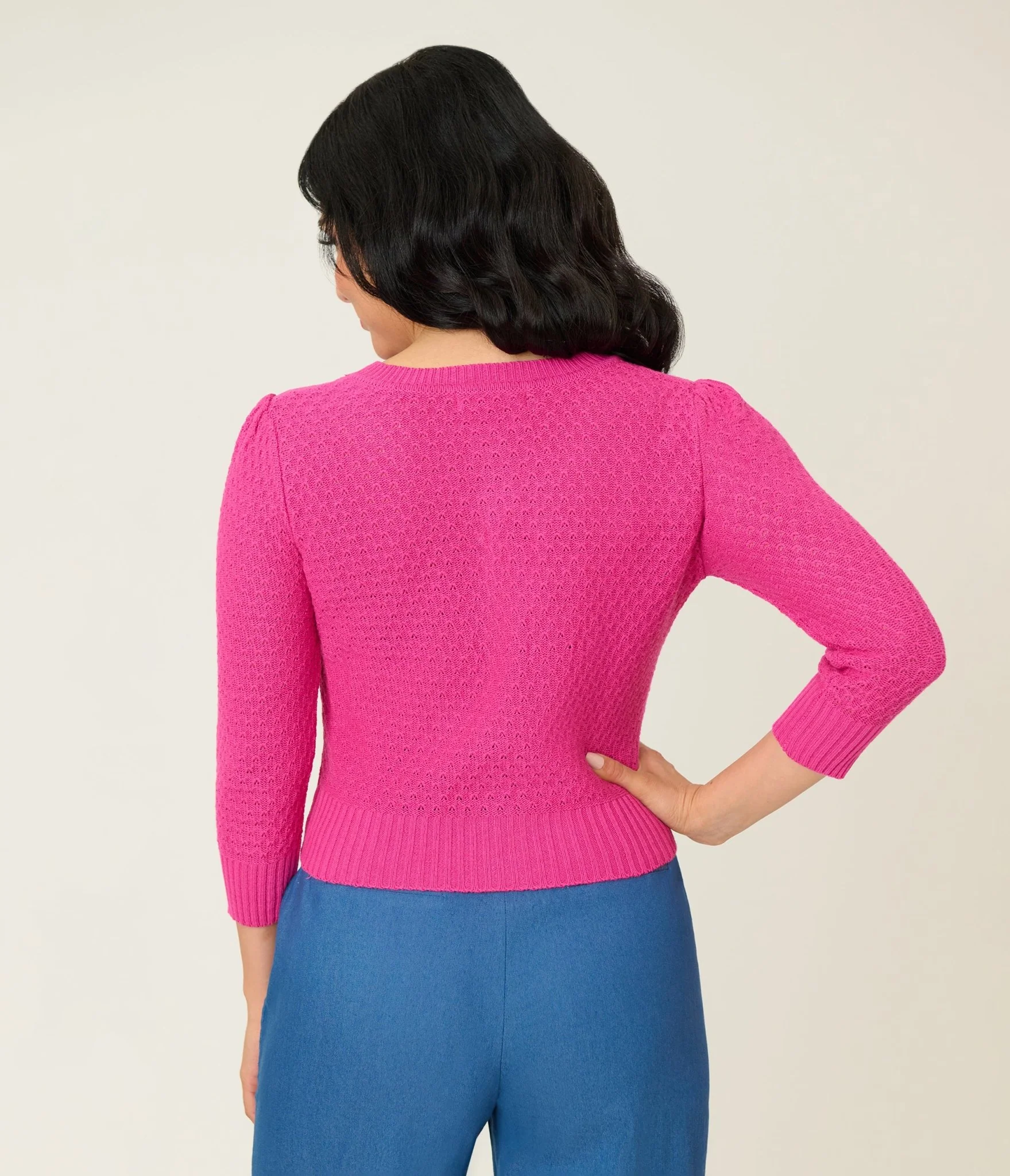 Retro Style Magenta Crochet Cardigan - Image 2