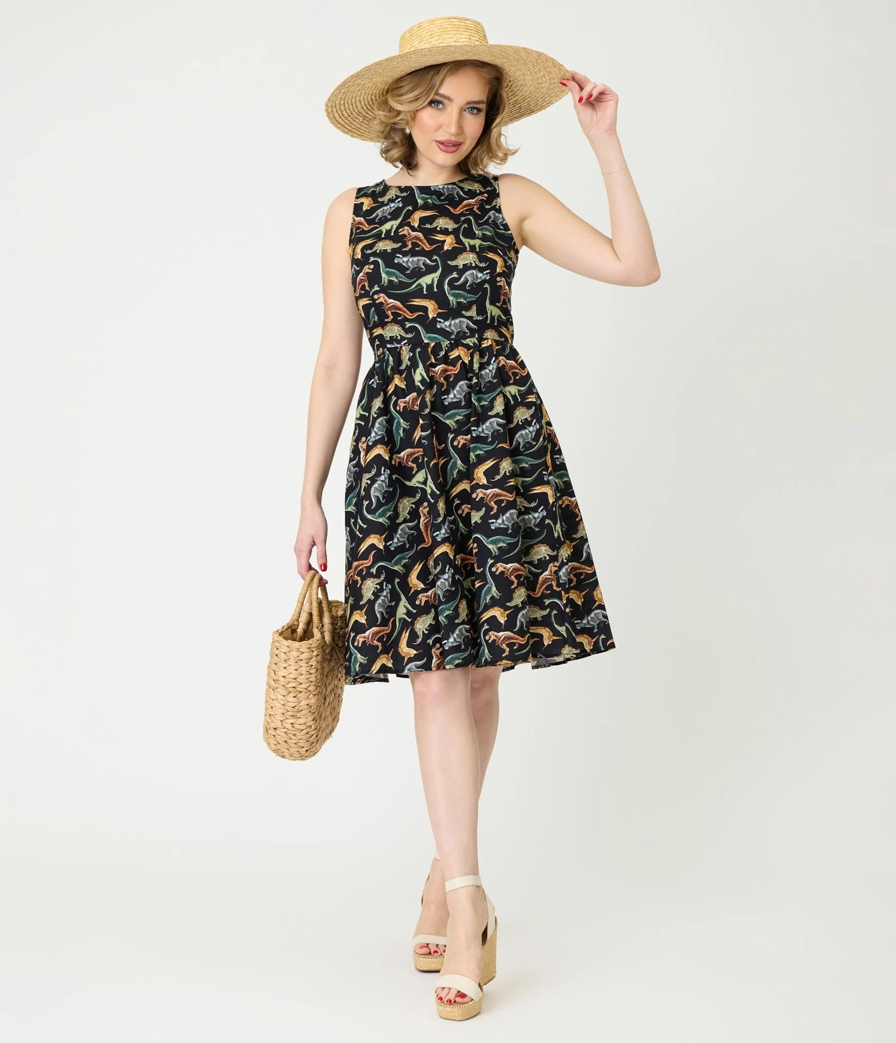 Retrolicious Black & Dinosaur Print Cotton Flare Dress
