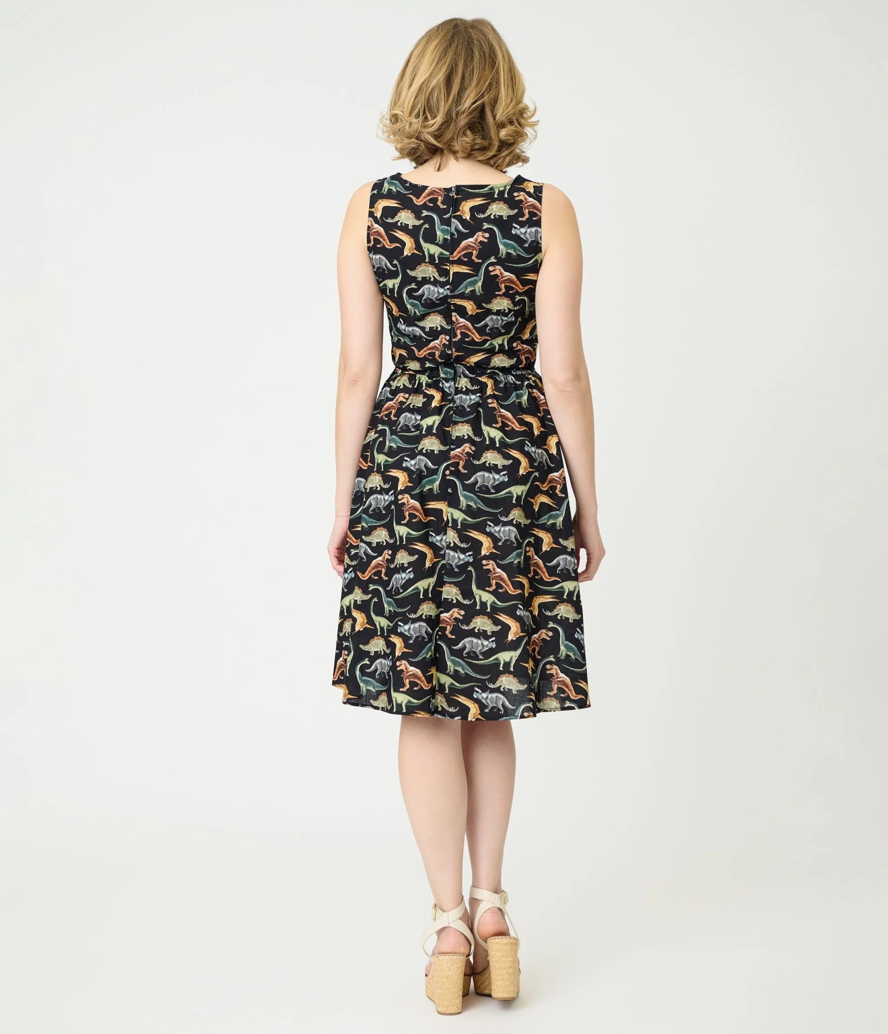 Retrolicious Black & Dinosaur Print Cotton Flare Dress - Image 2