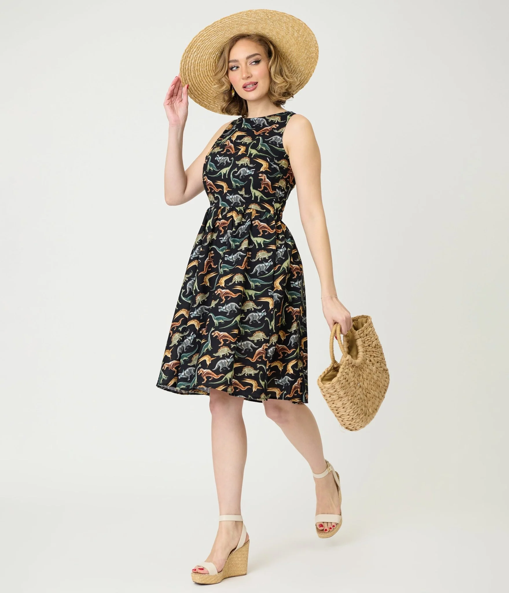 Retrolicious Black & Dinosaur Print Cotton Flare Dress - Image 3