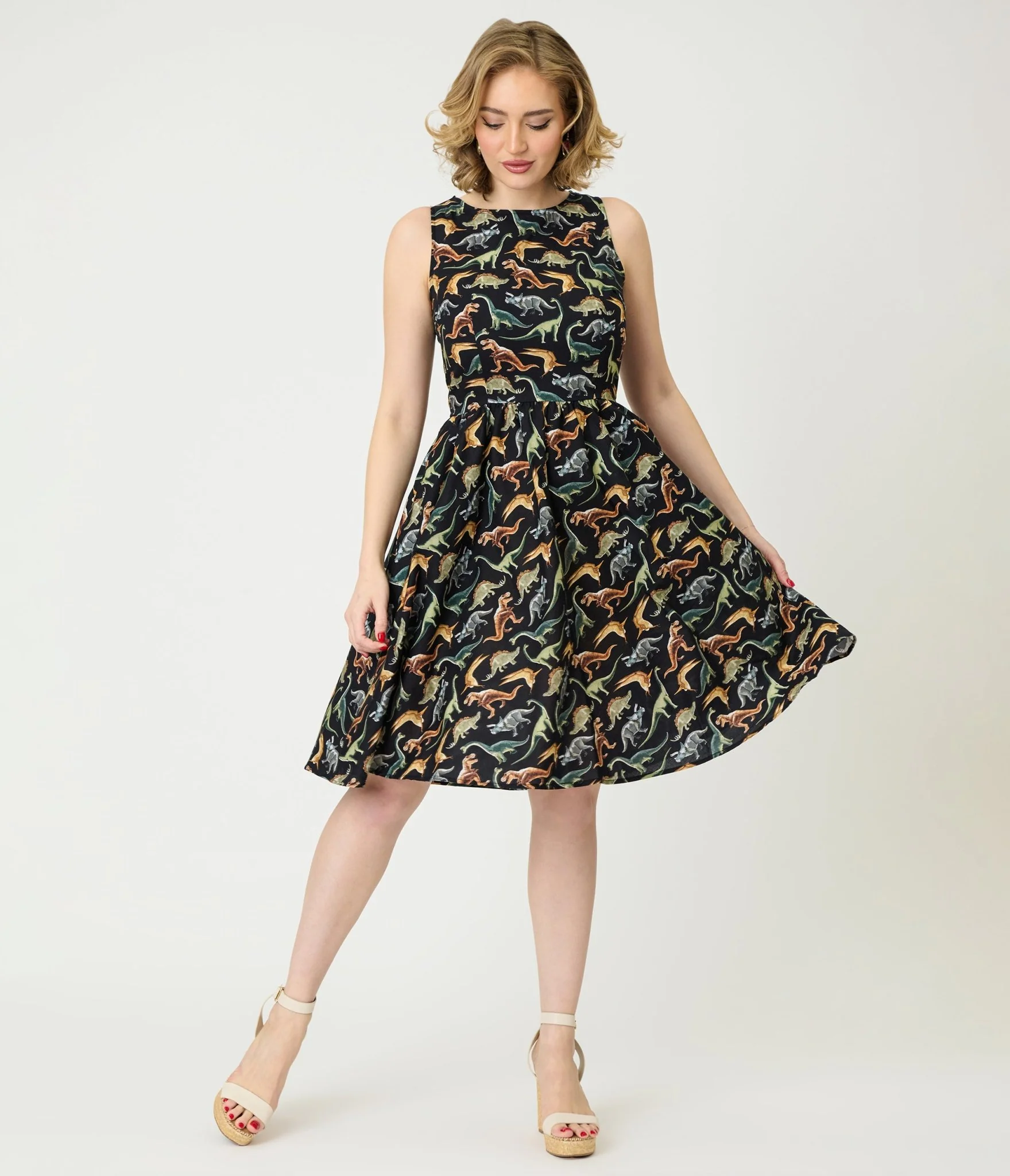 Retrolicious Black & Dinosaur Print Cotton Flare Dress - Image 4