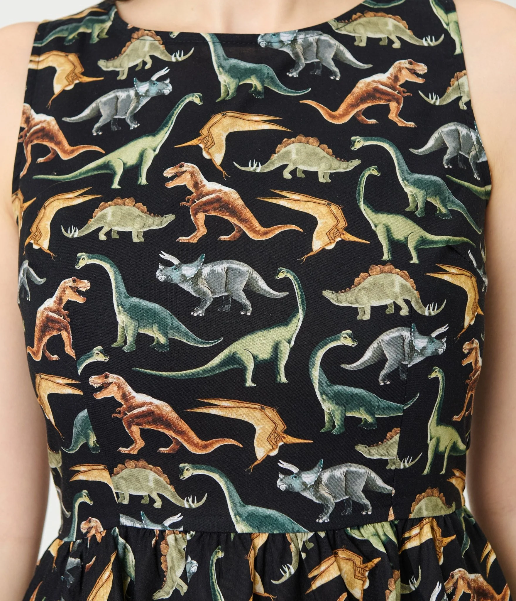 Retrolicious Black & Dinosaur Print Cotton Flare Dress - Image 5