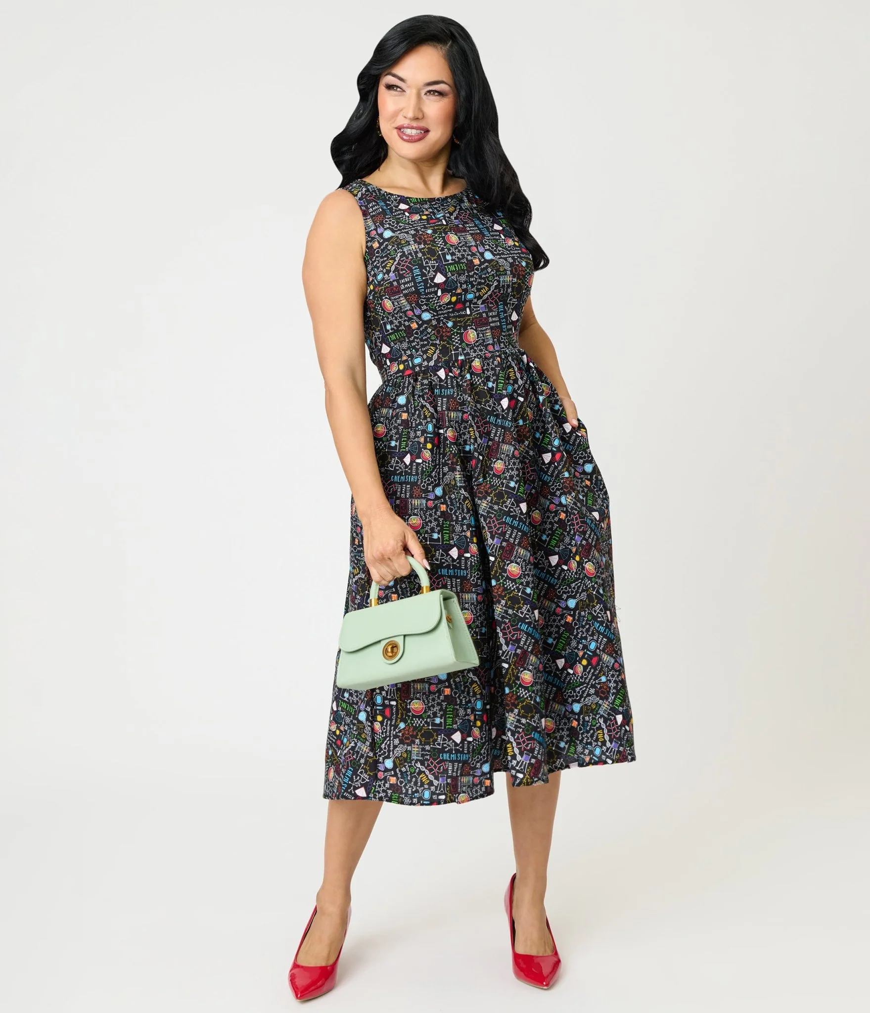 Retrolicious Black Science Print Cotton Midi Dress
