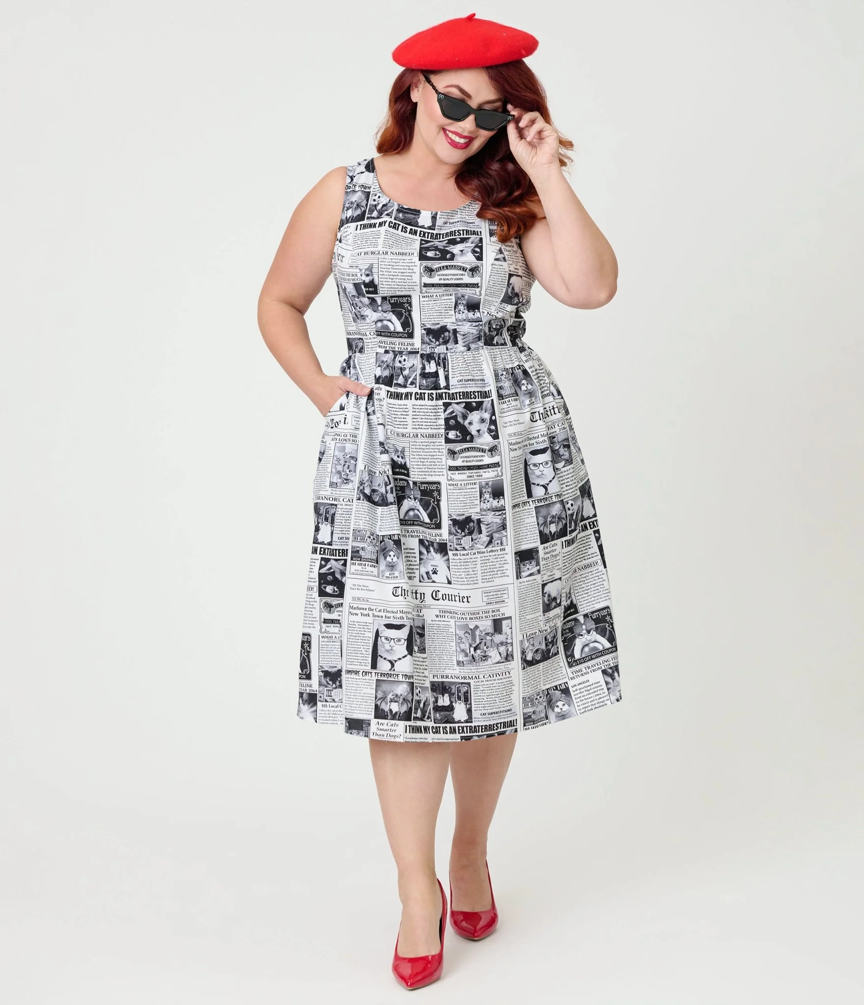Retrolicious Plus Size Newspaper Print Cotton Flare Dress