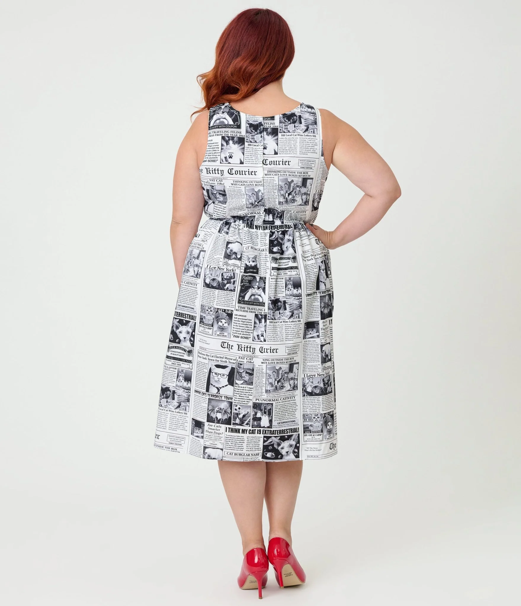 Retrolicious Plus Size Newspaper Print Cotton Flare Dress - Image 2