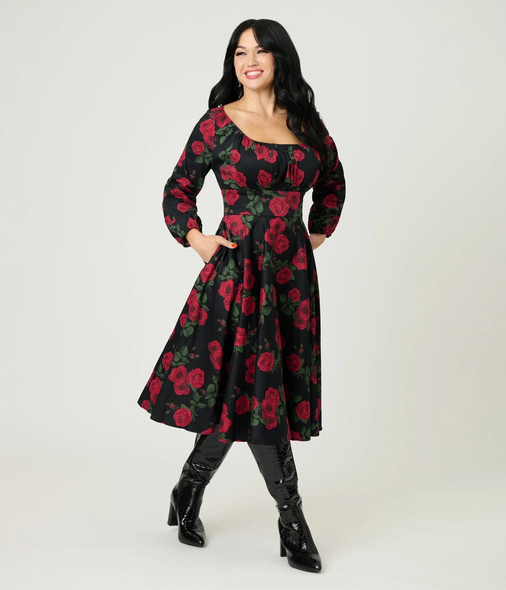 Royal Monk Black & Red Roses Cotton Mina Swing Dress