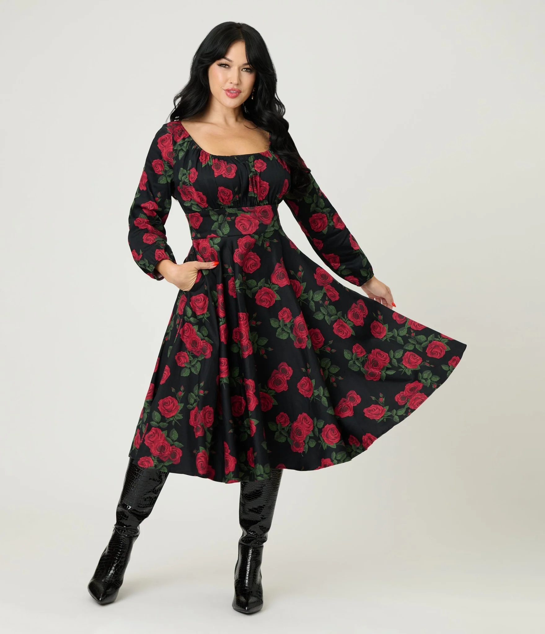 Royal Monk Black & Red Roses Cotton Mina Swing Dress - Image 3