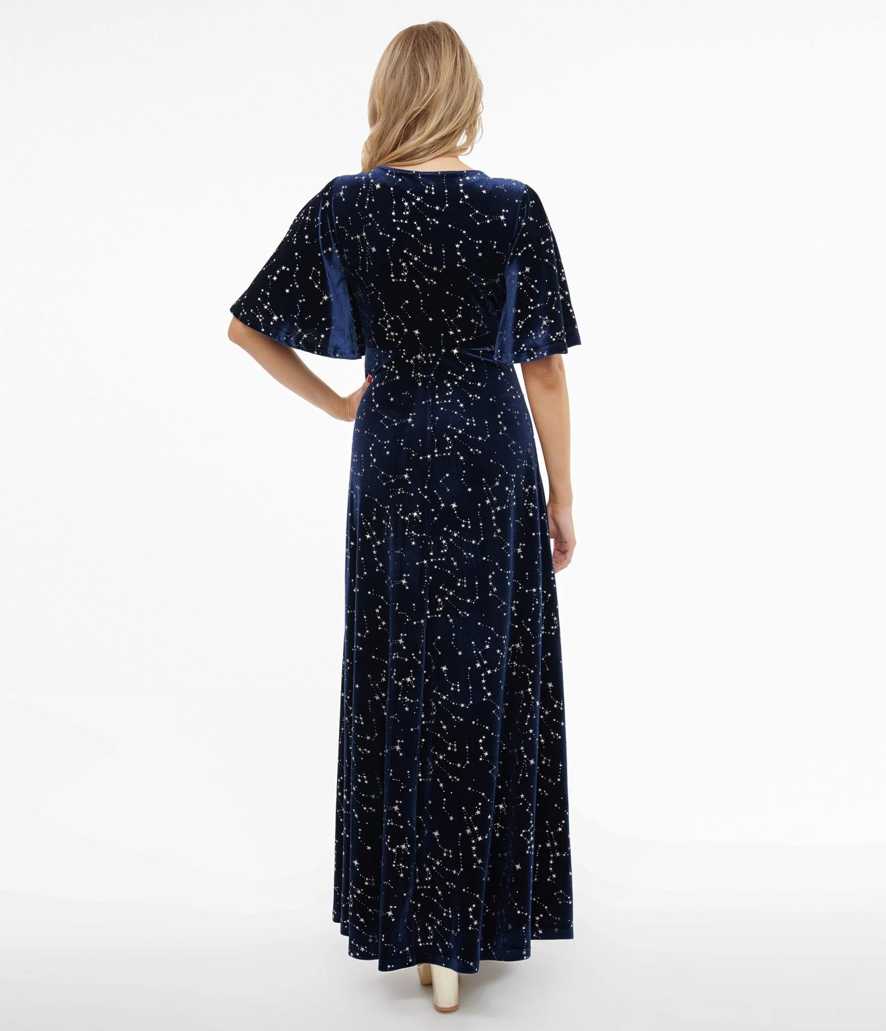 Smak Parlour 1970s Blue Velvet Silver Stars Cutout Maxi Dress - Image 3
