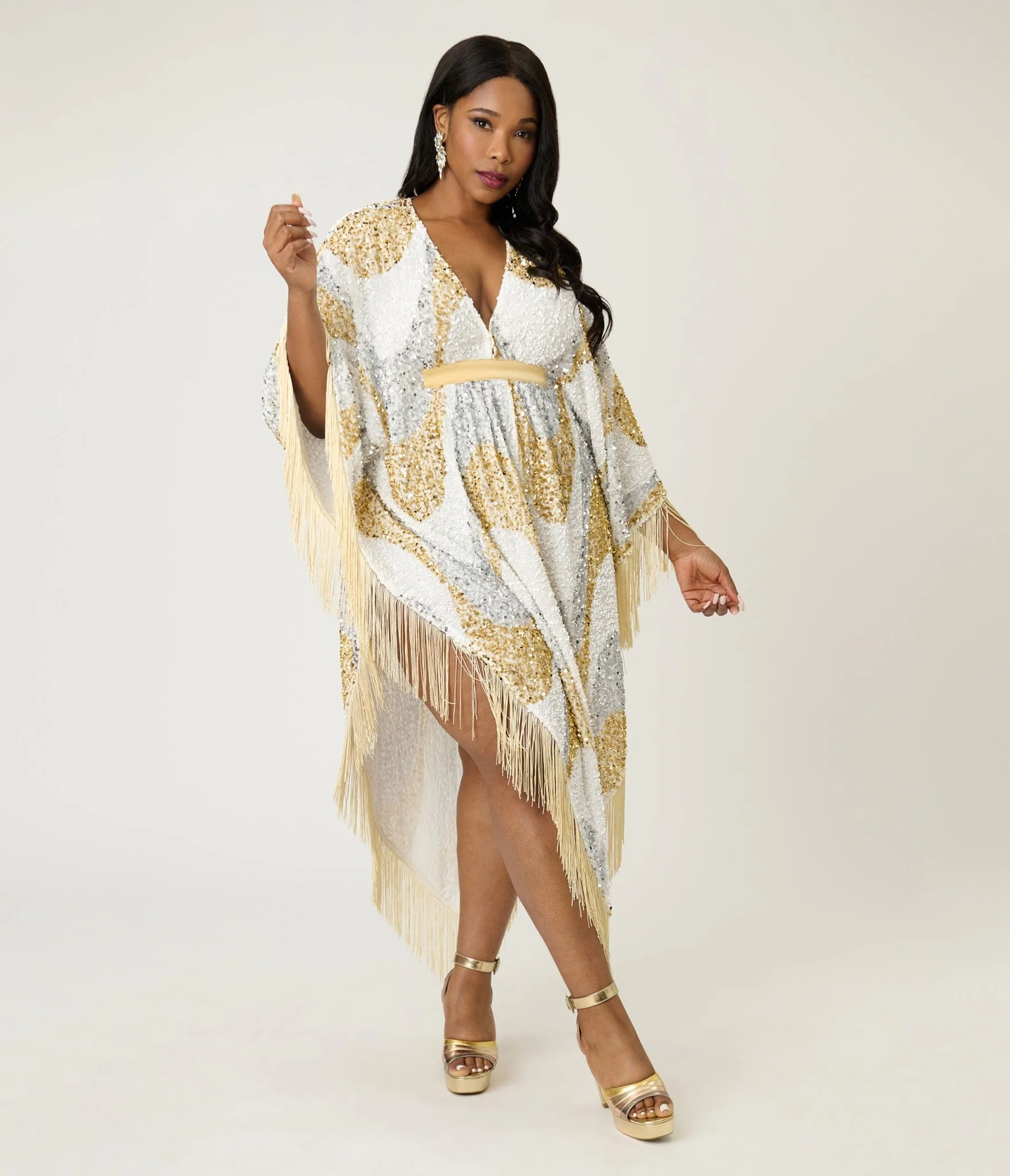 Smak Parlour 1970's White & Gold Sequin Fringe Caftan Dress - Image 3