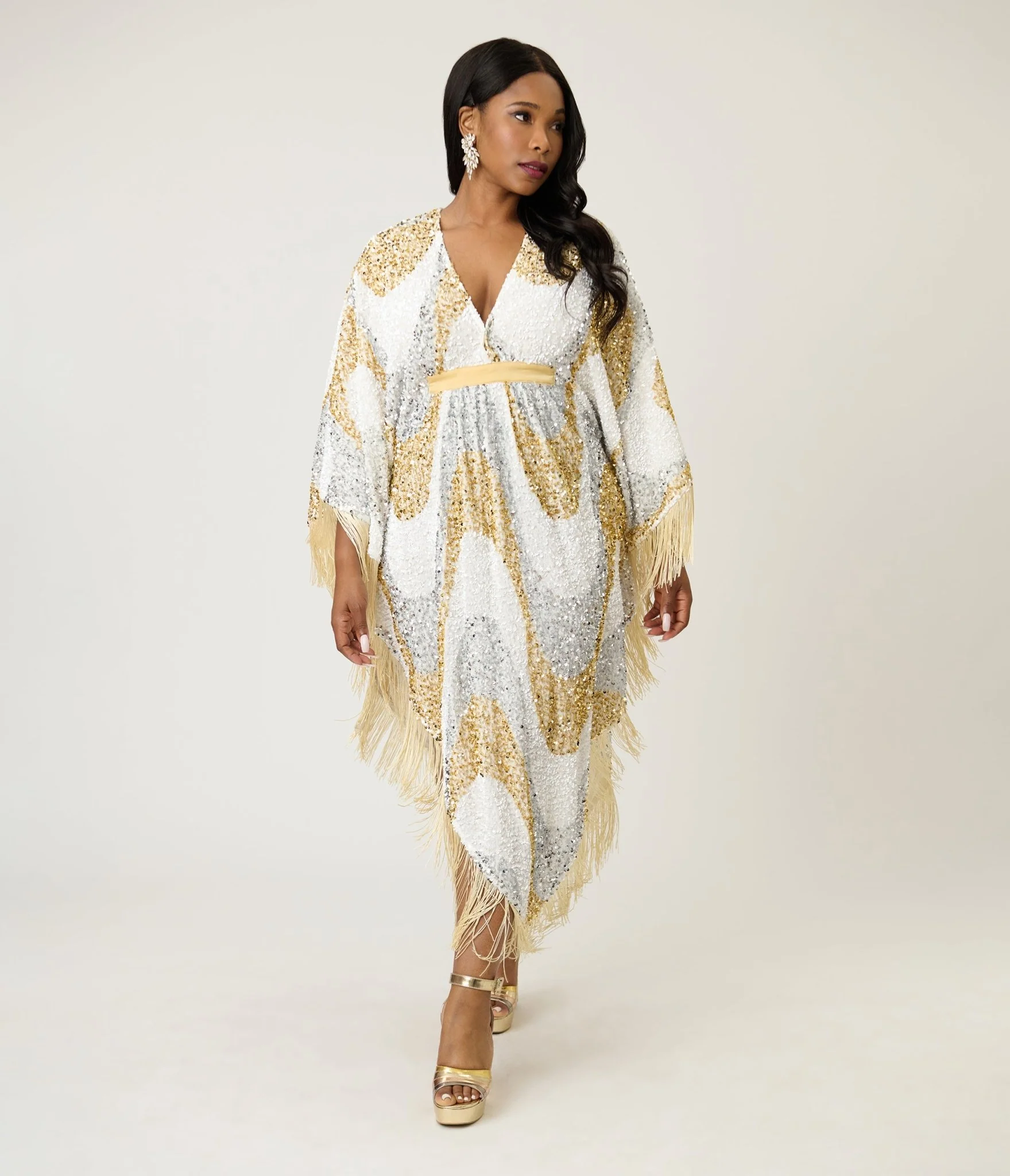 Smak Parlour 1970's White & Gold Sequin Fringe Caftan Dress - Image 4