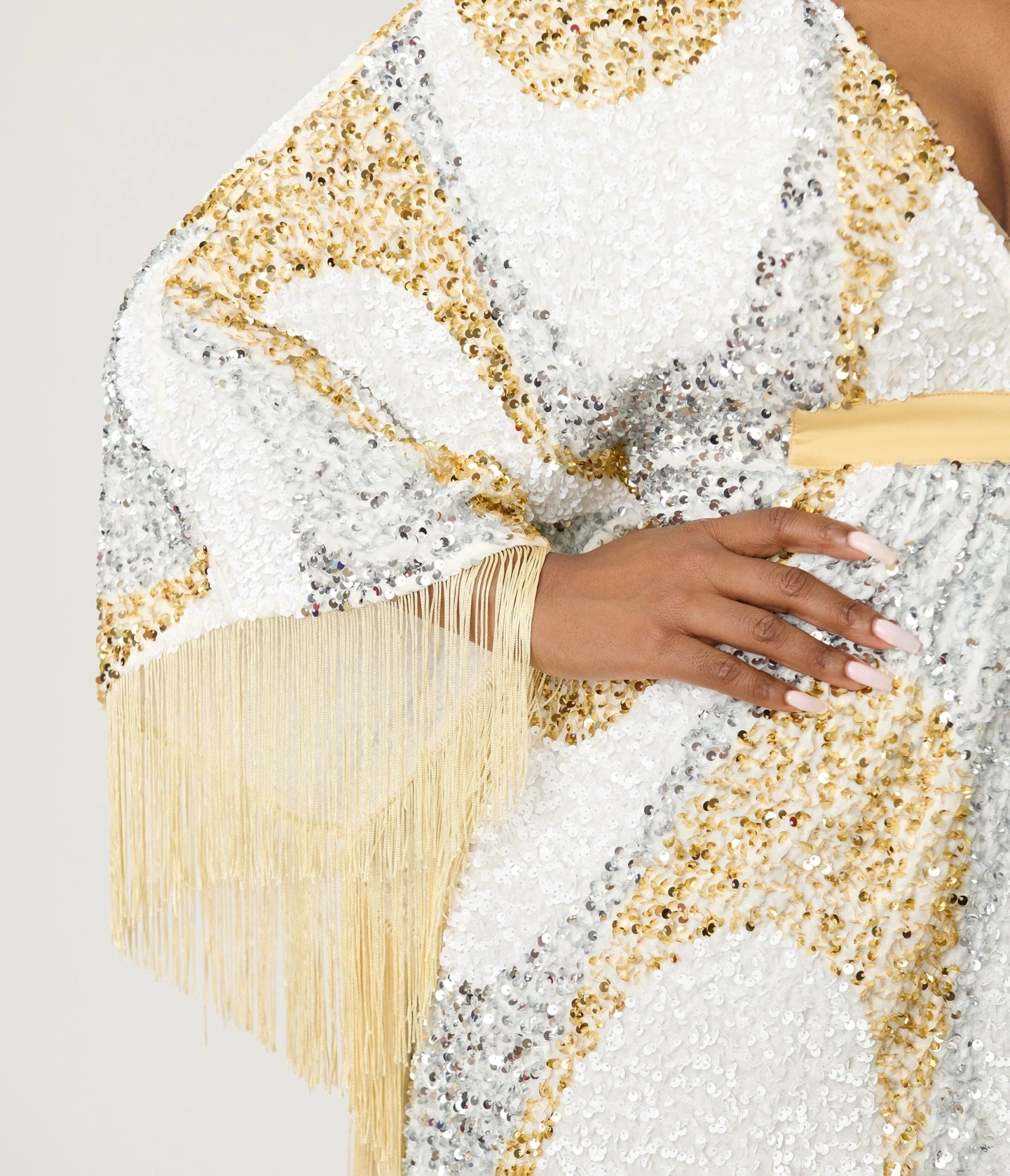 Smak Parlour 1970's White & Gold Sequin Fringe Caftan Dress - Image 5