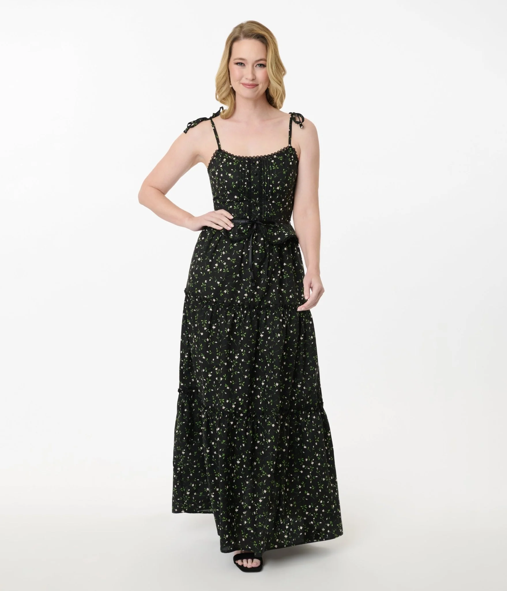 Smak Parlour Black Ditzy Floral Shirred Tiered Maxi Dress