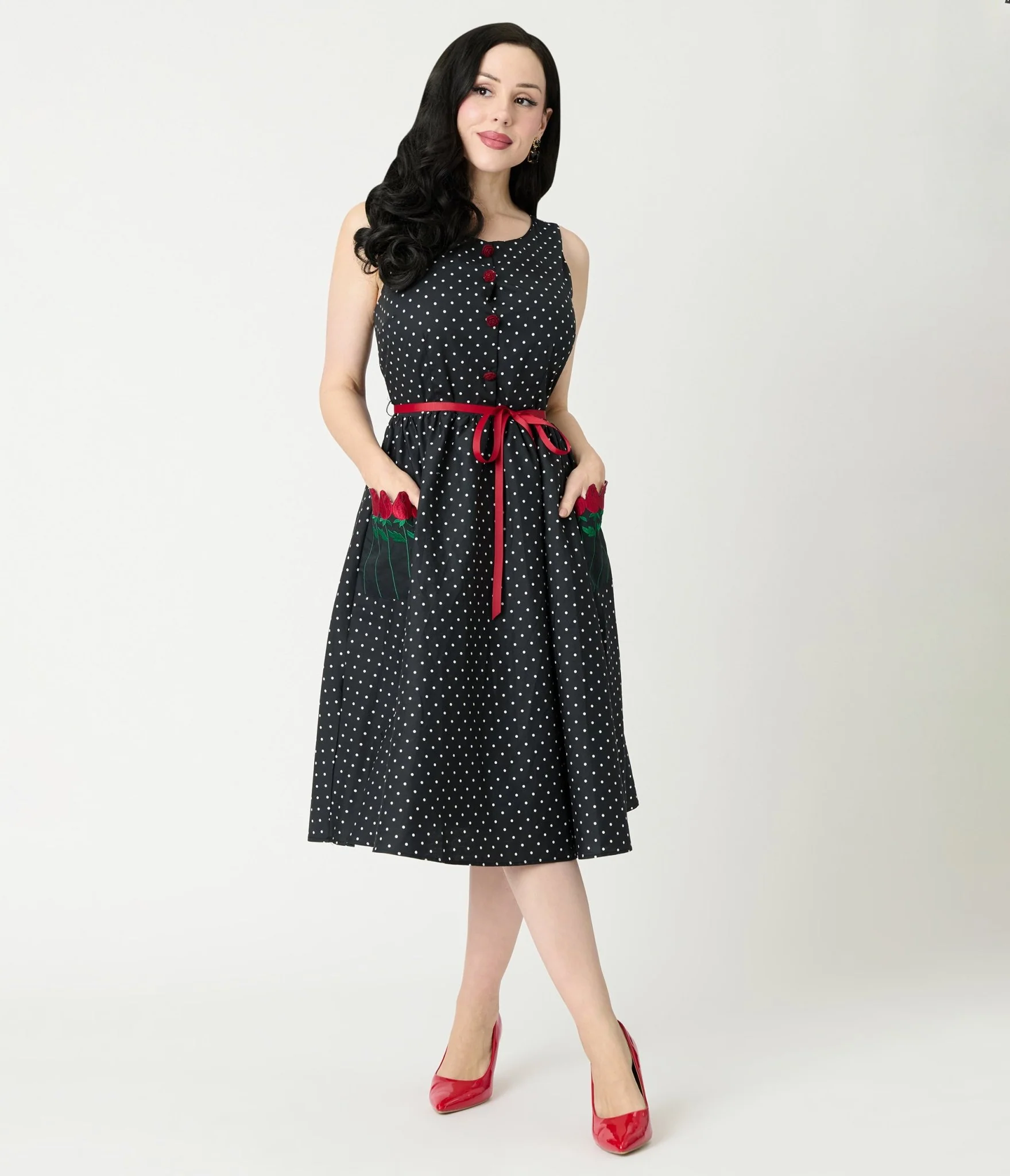 Smak Parlour Black Pin Dot Rose Sleeveless Swing Dress - Image 4