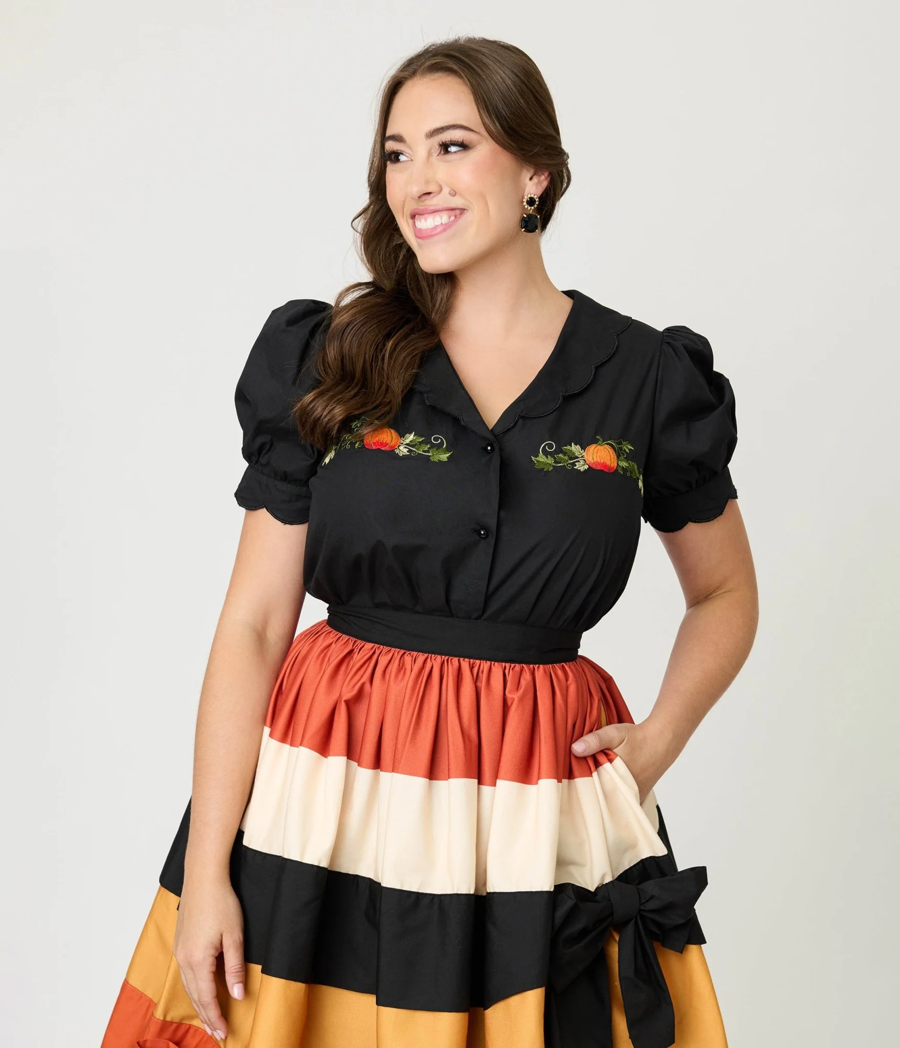 Smak Parlour Black & Pumpkin Embroidery Puff Sleeve Top